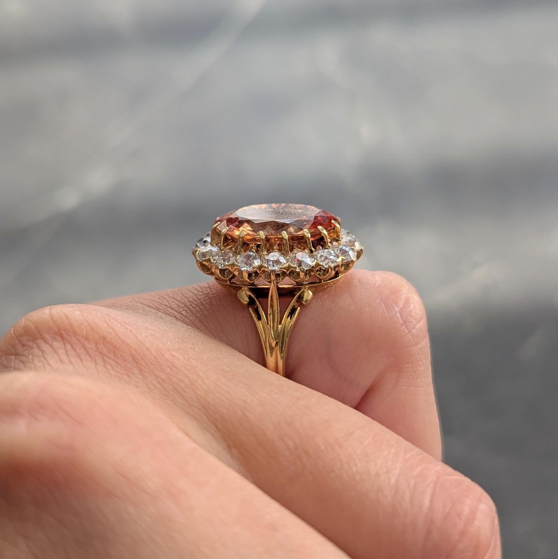 Anello aureolato vittoriano con diamante e topazio imperiale da 7,50 CTW in oro giallo da 18 carati in vendita 1