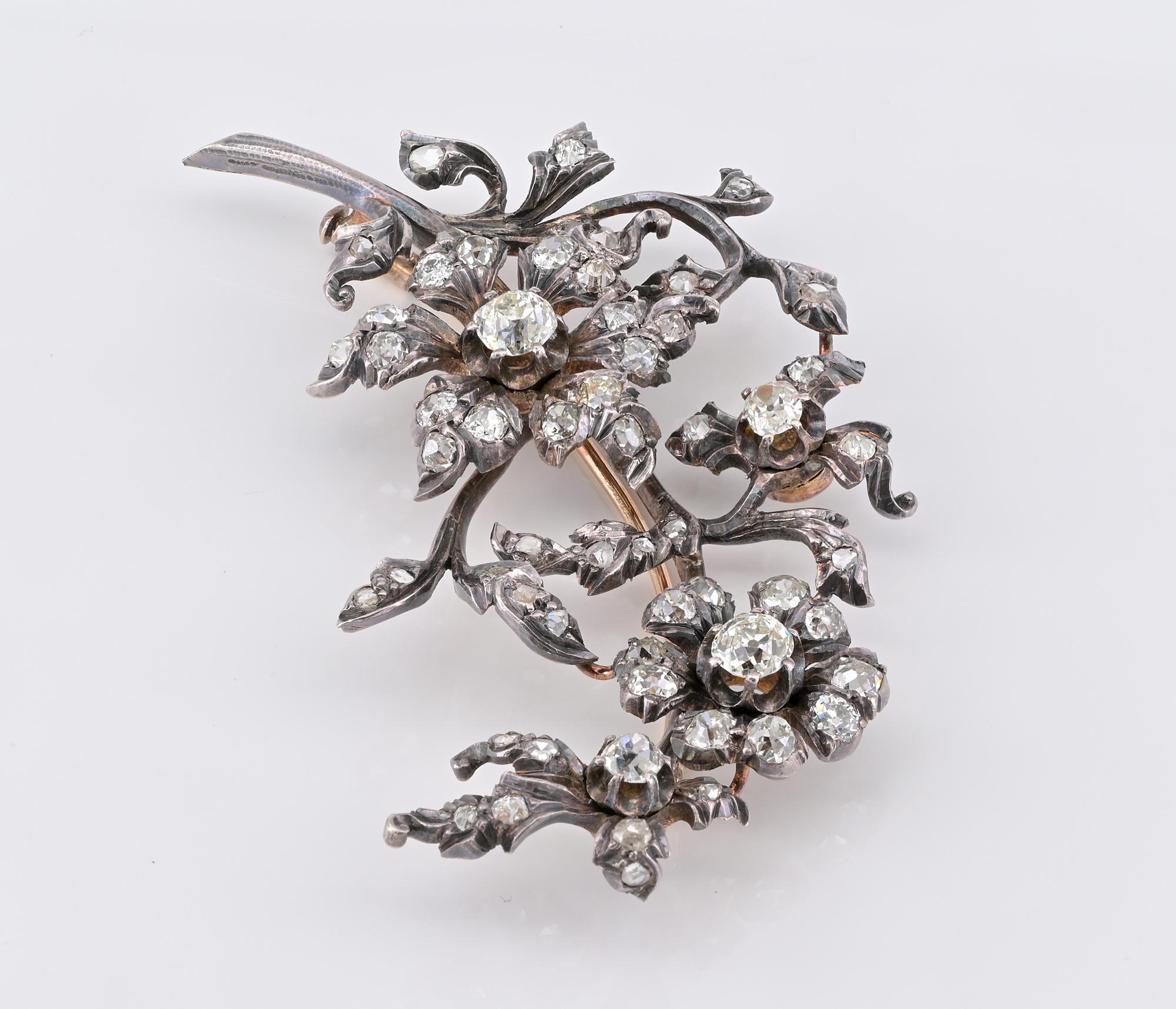 Taille vieille mine Broche fleurie victorienne en diamants de 7,50 carats en vente