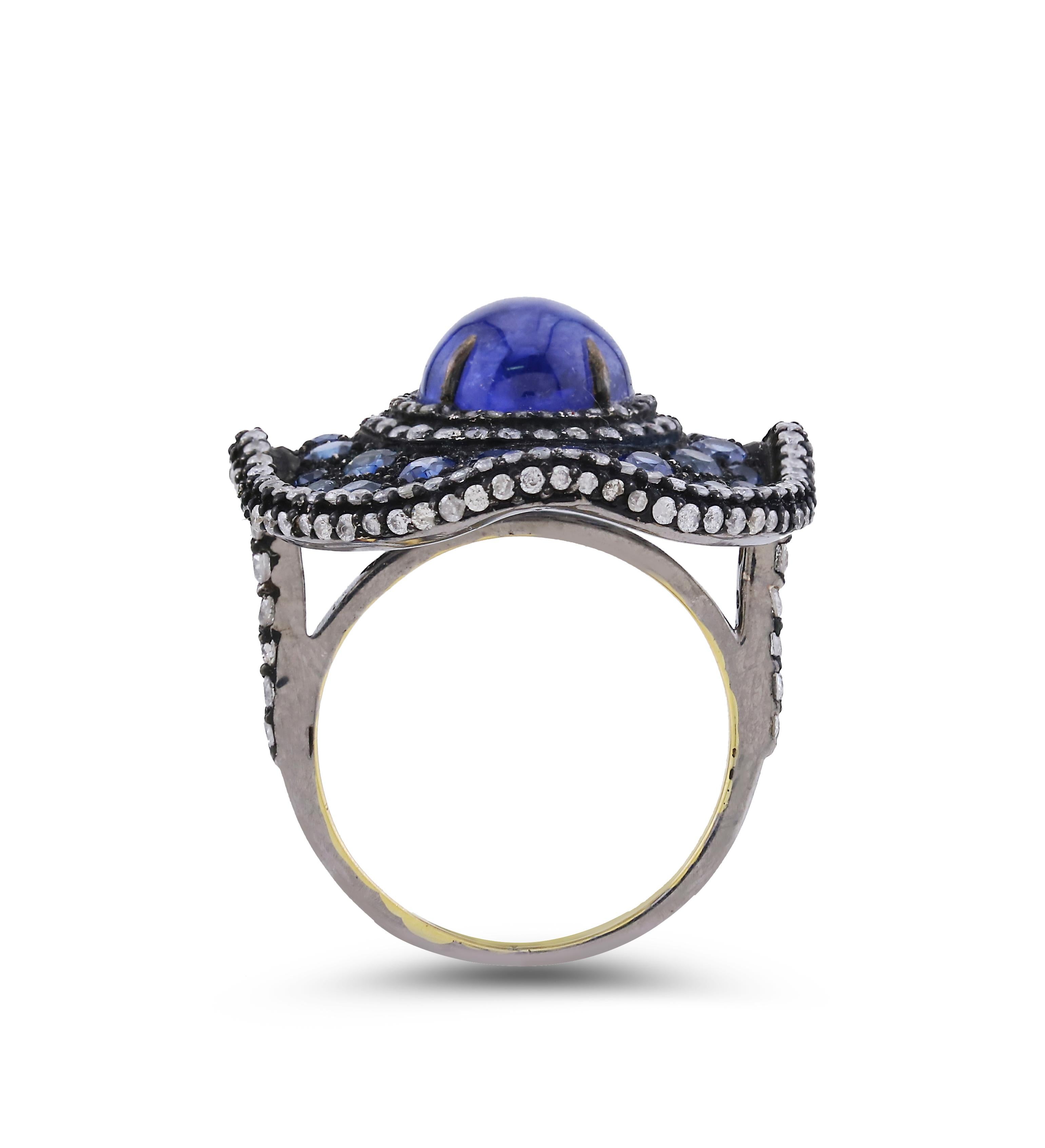 Victorian 7.6 cttw. Tanzanite, Blue Sapphire and Diamond Ring in 18K/925 Gold In New Condition In New York, NY