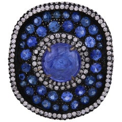 Victorian 7.6 cttw. Tanzanite, Blue Sapphire and Diamond Ring in 18K/925 Gold