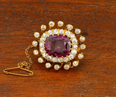 Victorian 7.60 Ct Rhodolite Garnet 2.70 Ct Diamond 18 KT Brooch Pendant