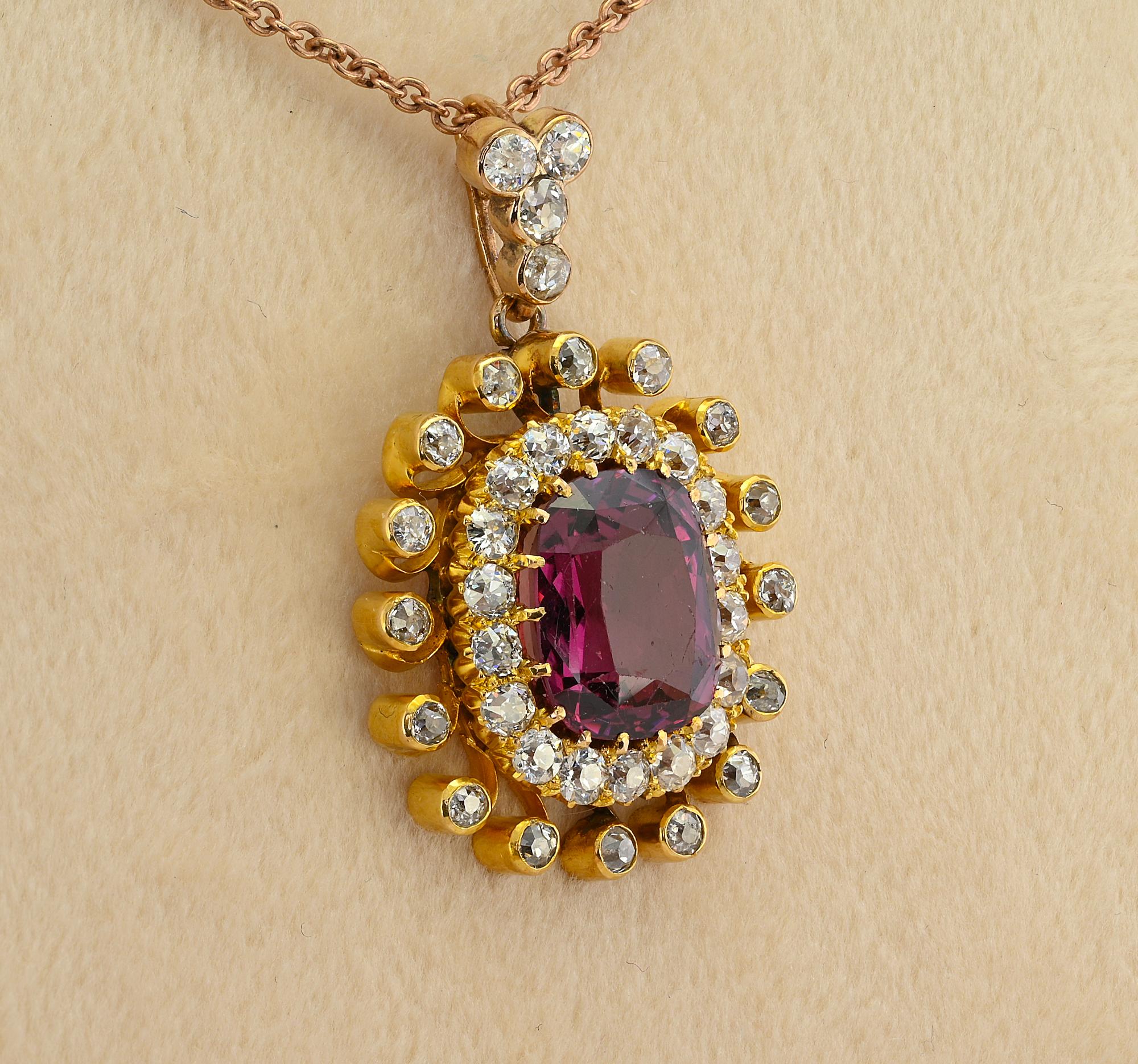 Antique Cushion Cut Victorian 7.60 Ct Rhodolite Garnet 2.70 Ct Diamond 18 KT Brooch Pendant For Sale