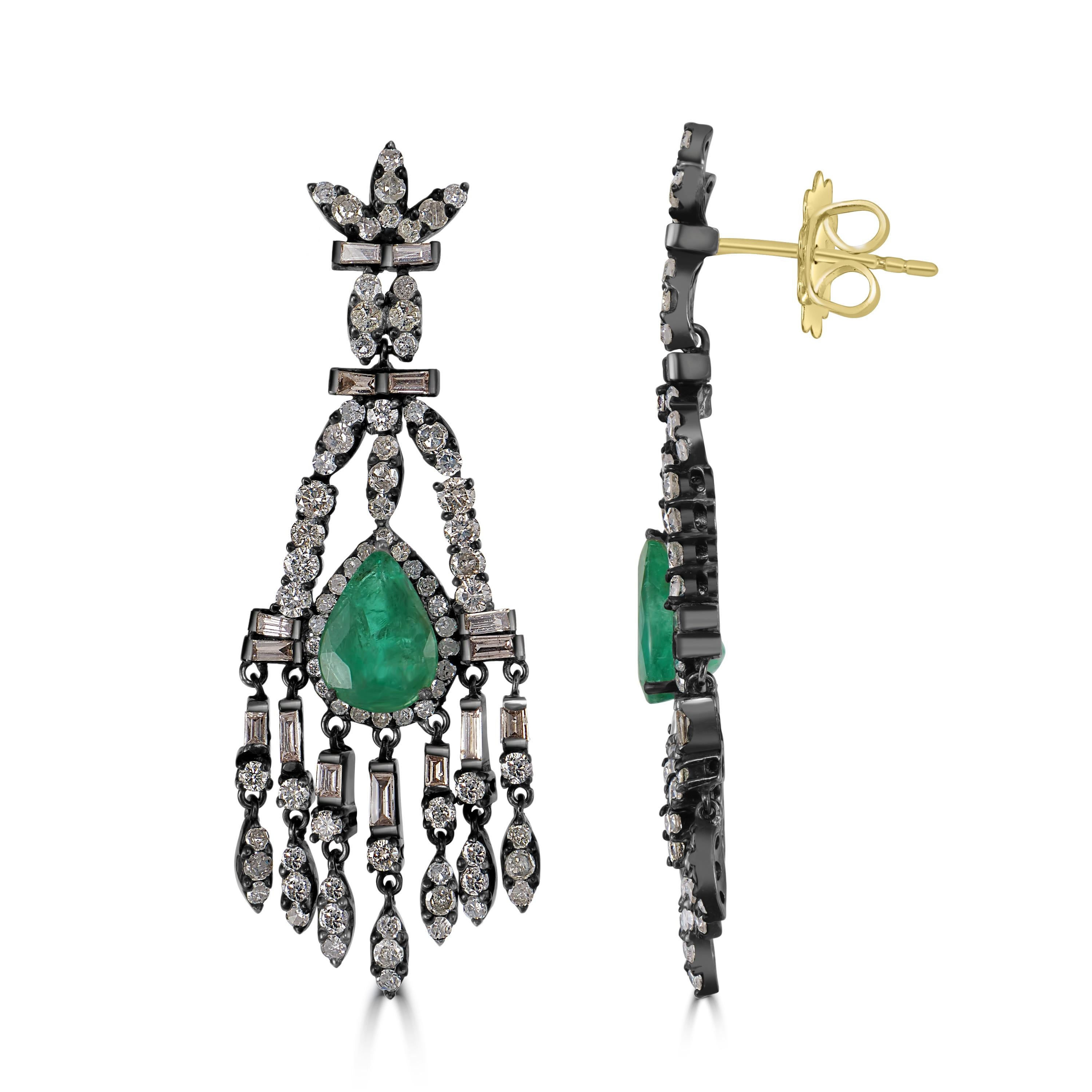 Baguette Cut Victorian 7.7 Cttw. Emerald and Diamond Floral Chandelier Earrings  For Sale