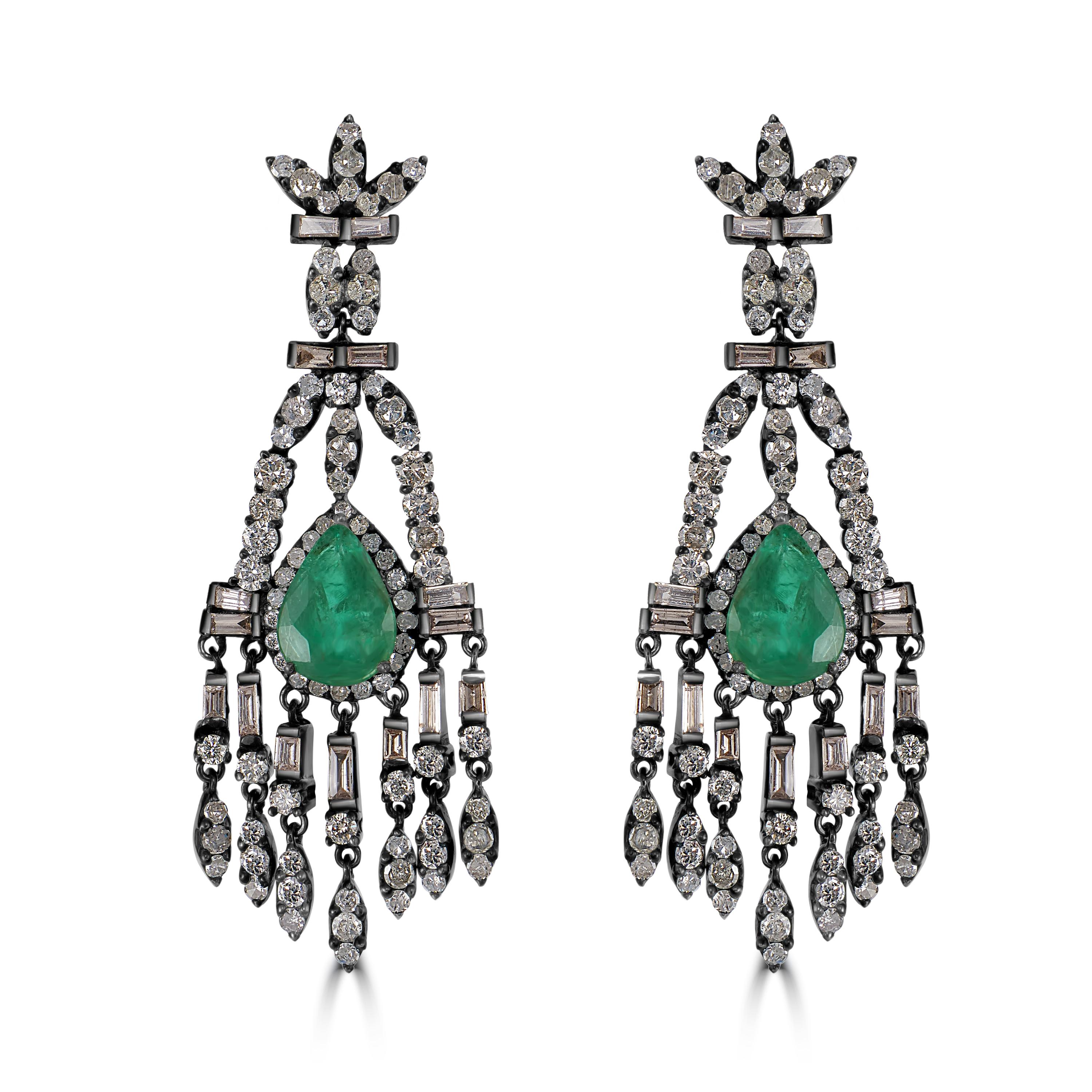 Victorian 7.7 Cttw. Emerald and Diamond Floral Chandelier Earrings  In New Condition For Sale In New York, NY