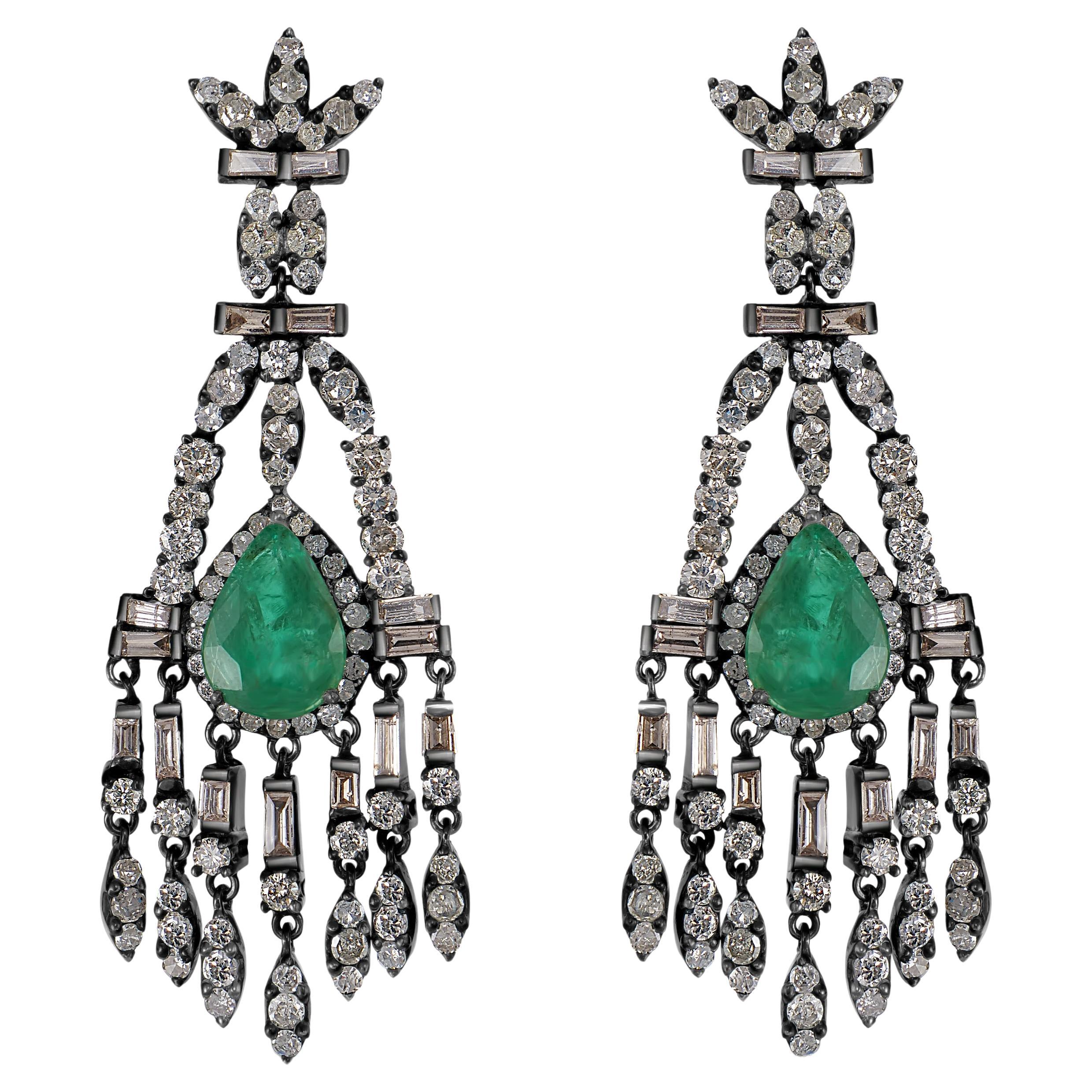 Victorian 7.7 Cttw. Emerald and Diamond Floral Chandelier Earrings 