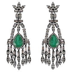 Victorian 7.7 Cttw. Emerald and Diamond Floral Chandelier Earrings 
