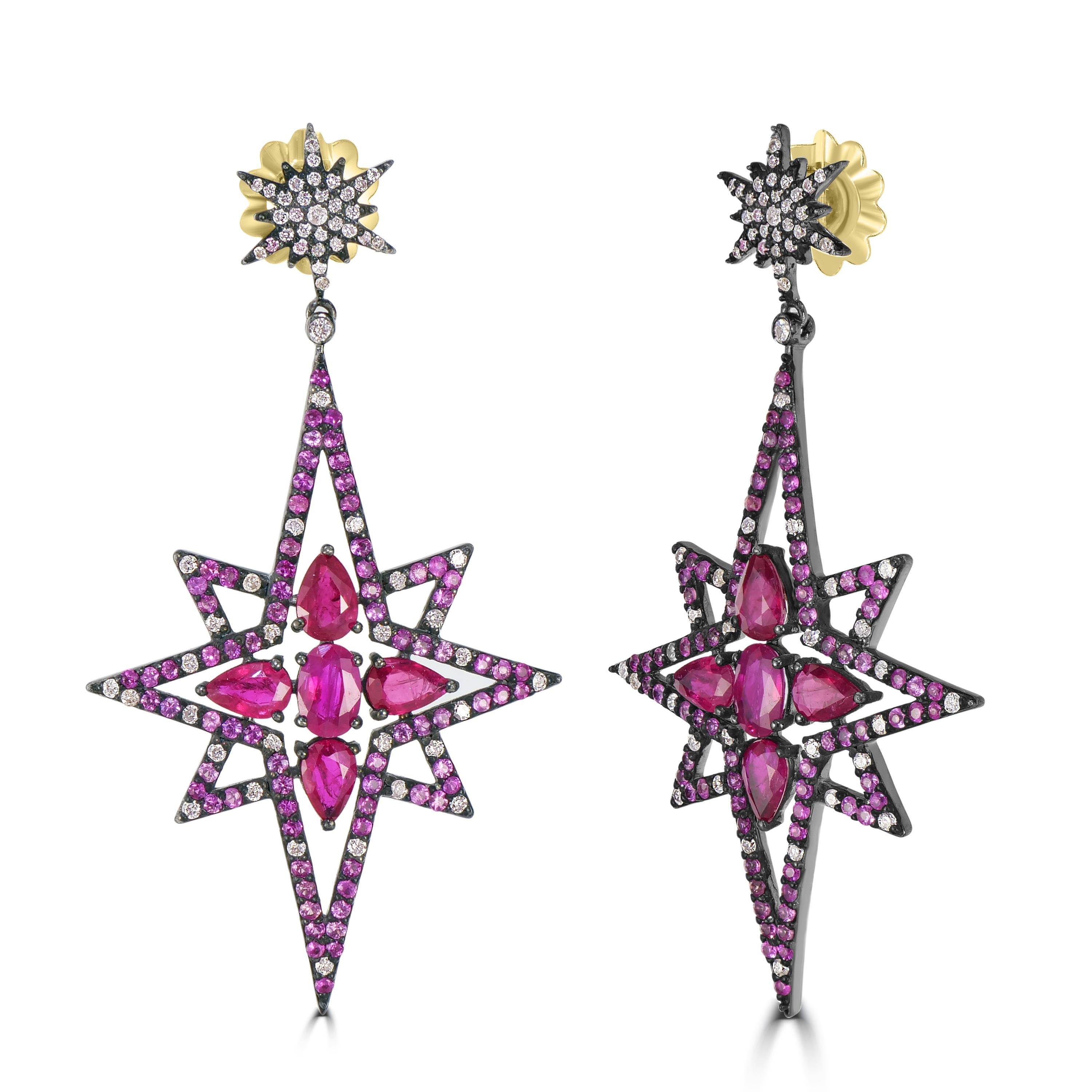 Behold the Victorian 7.71 Cttw. Ruby, Pink Sapphire, and Diamond Star Dangle Earrings—an enchanting celestial spectacle that captures the essence of starry nights and regal elegance.

The journey begins at the shining star surmount, adorned with