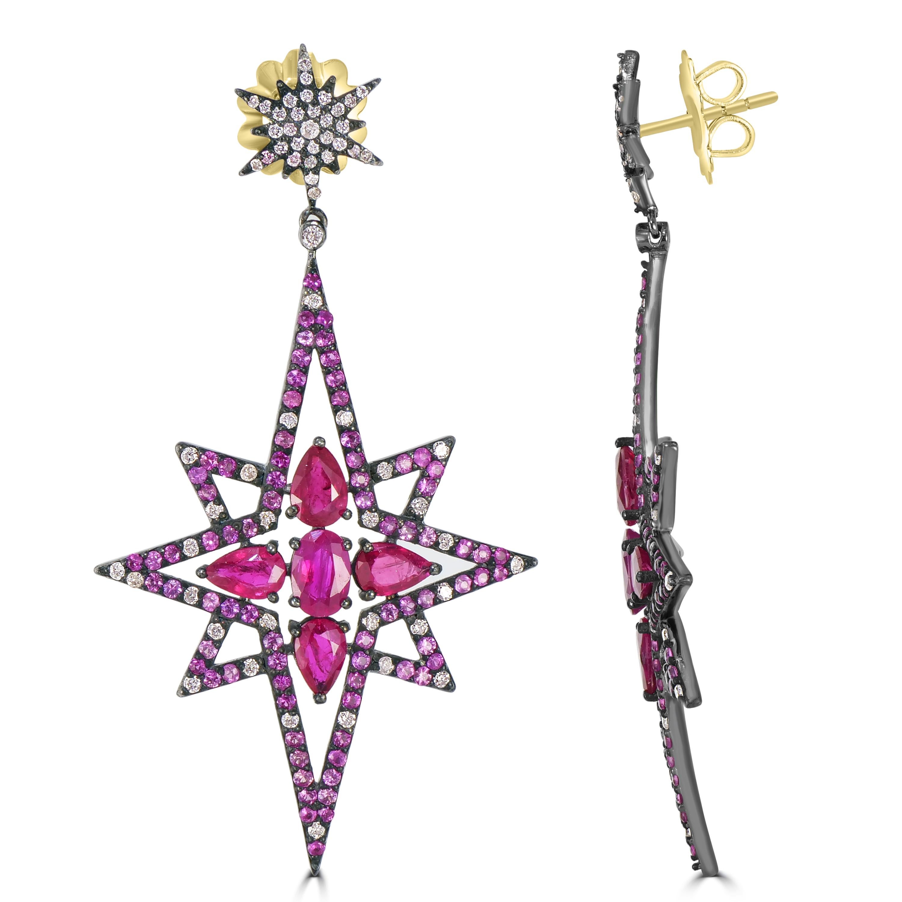 Pear Cut Victorian 7.71 Cttw. Ruby, Pink Sapphire and Diamond Star Dangle Earrings  For Sale