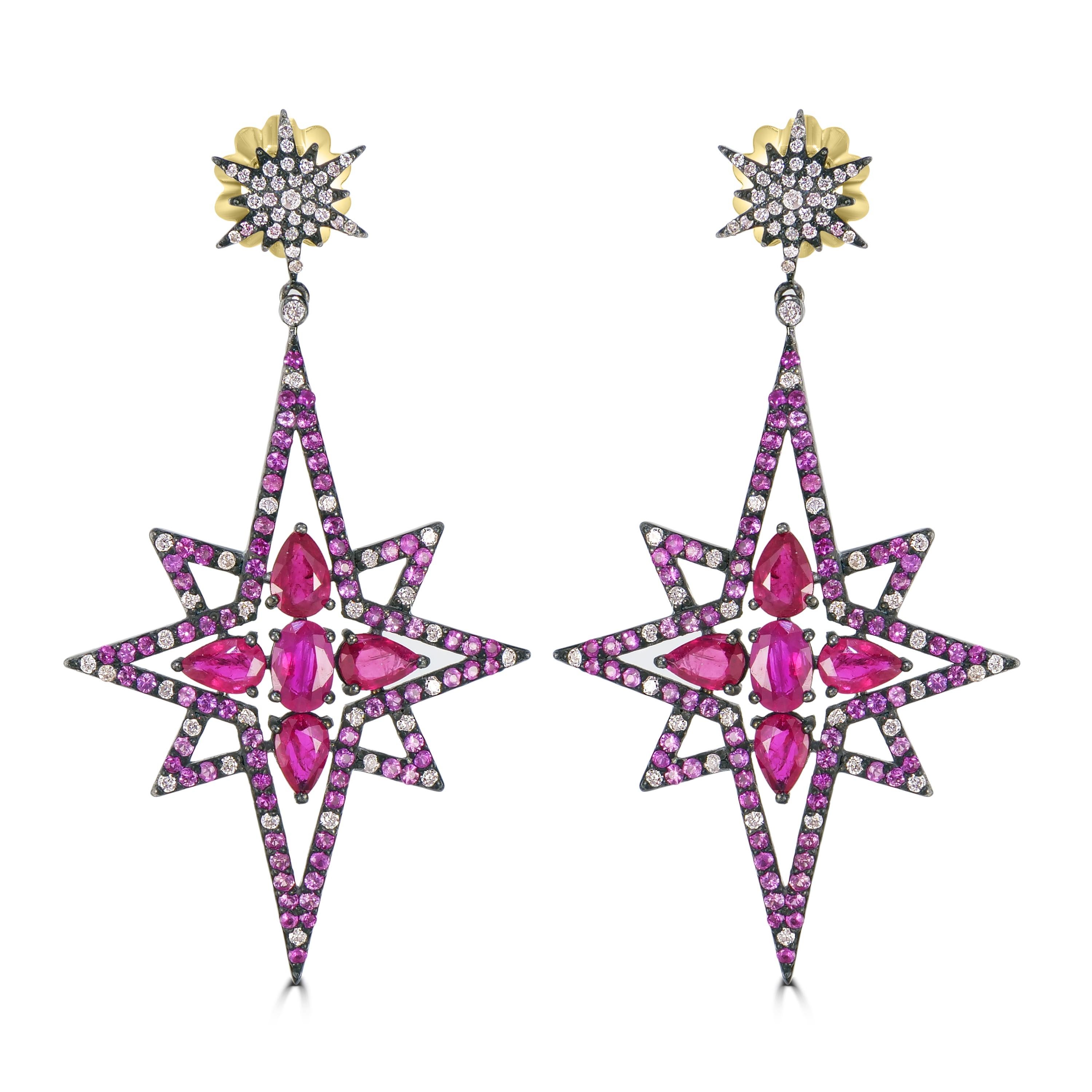Victorian 7.71 Cttw. Ruby, Pink Sapphire and Diamond Star Dangle Earrings  In New Condition For Sale In New York, NY