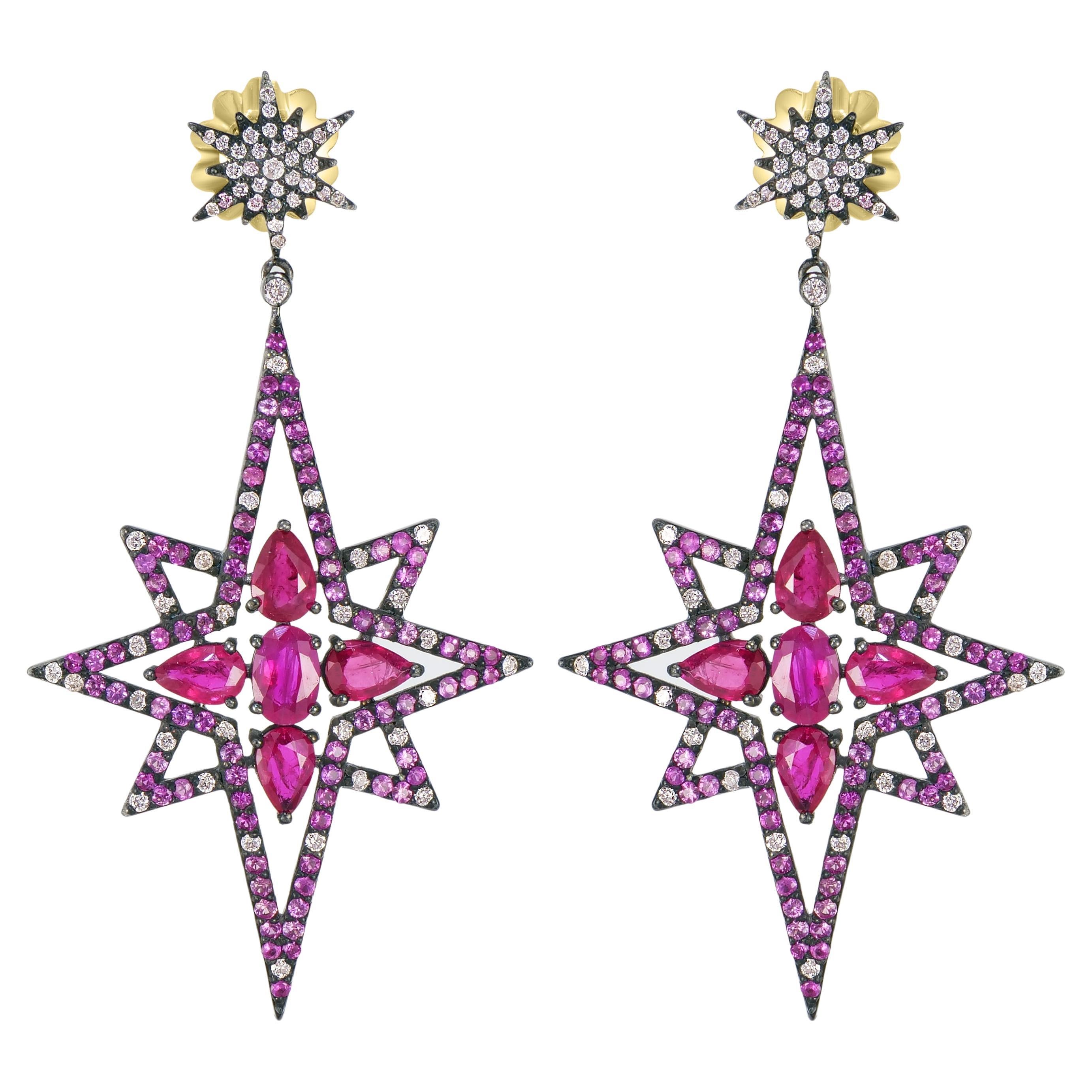 Victorian 7.71 Cttw. Ruby, Pink Sapphire and Diamond Star Dangle Earrings 