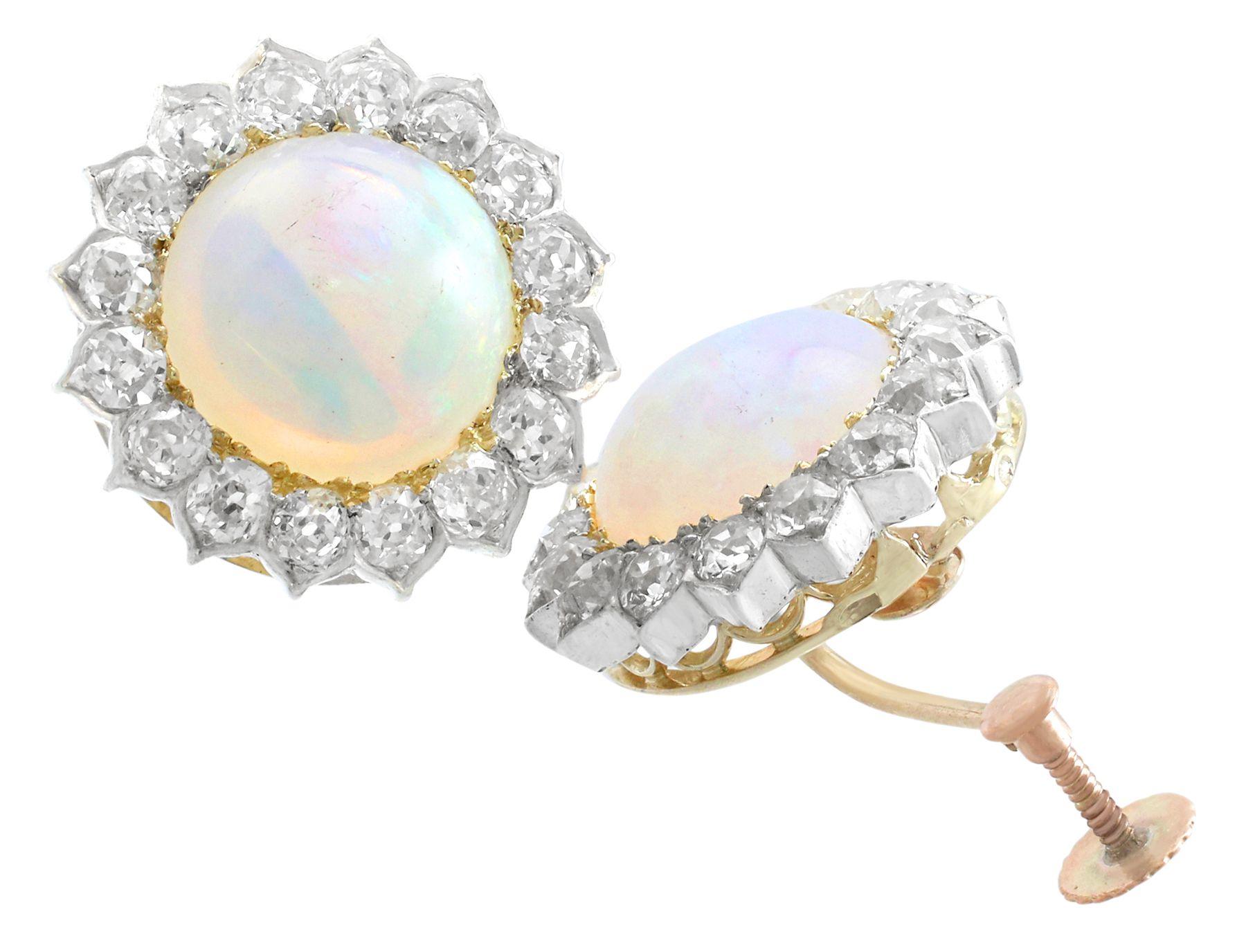 Round Cut Victorian 7.76Ct Cabochon Cut Opal and 2.05 Carat Diamond Yellow Gold Earrings For Sale