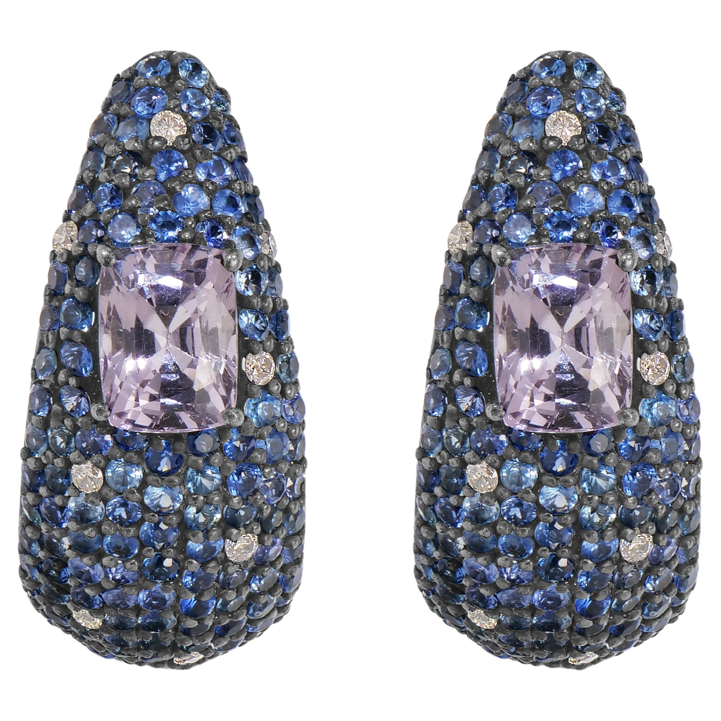Victorian 7.94 Cttw. Blue Sapphire, Spinel and Diamond Hook Stud Earrings  For Sale