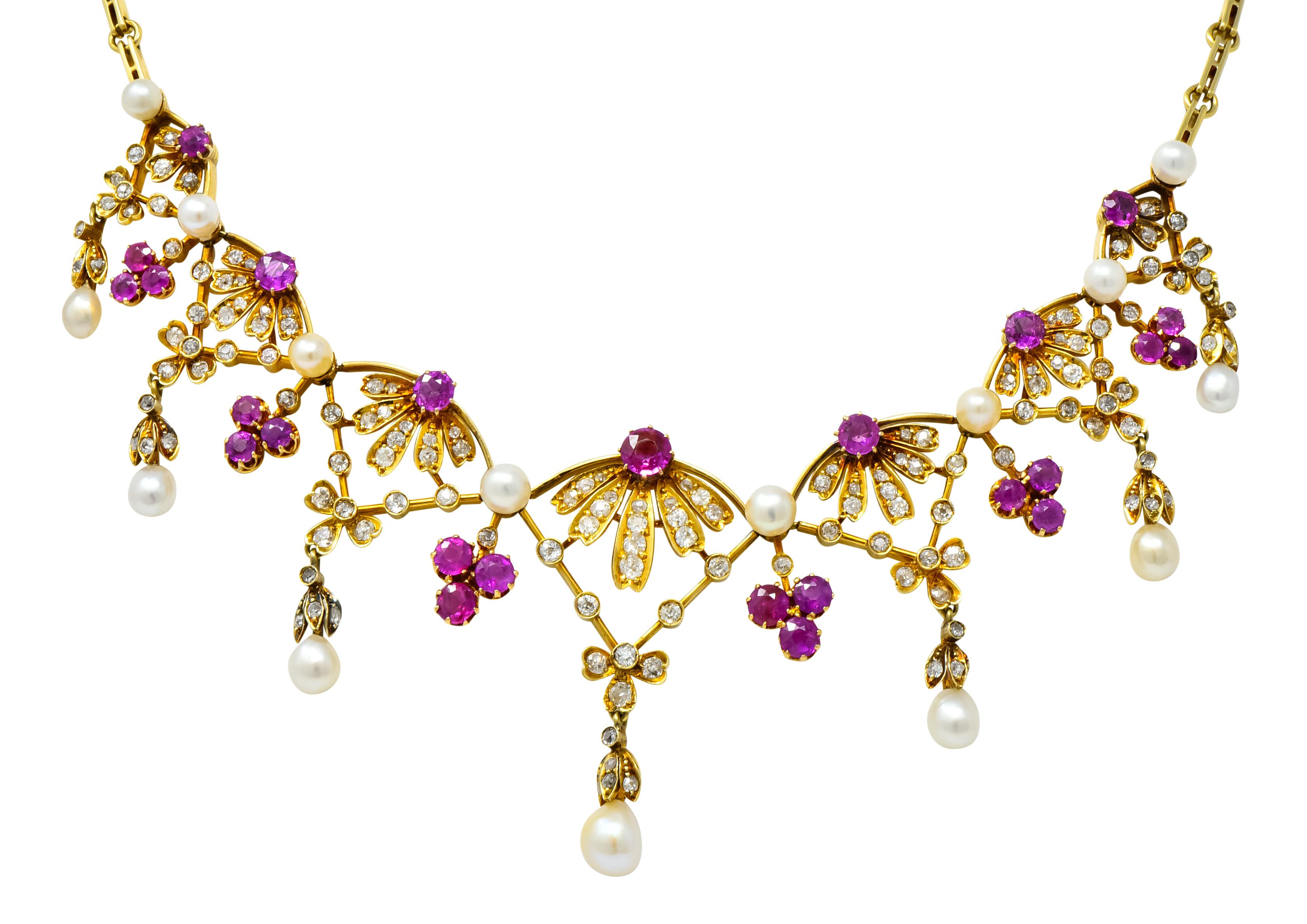 Victorian 7.95 Carat Diamond Ruby Pearl 18 Karat Gold Fringe Necklace In Excellent Condition In Philadelphia, PA