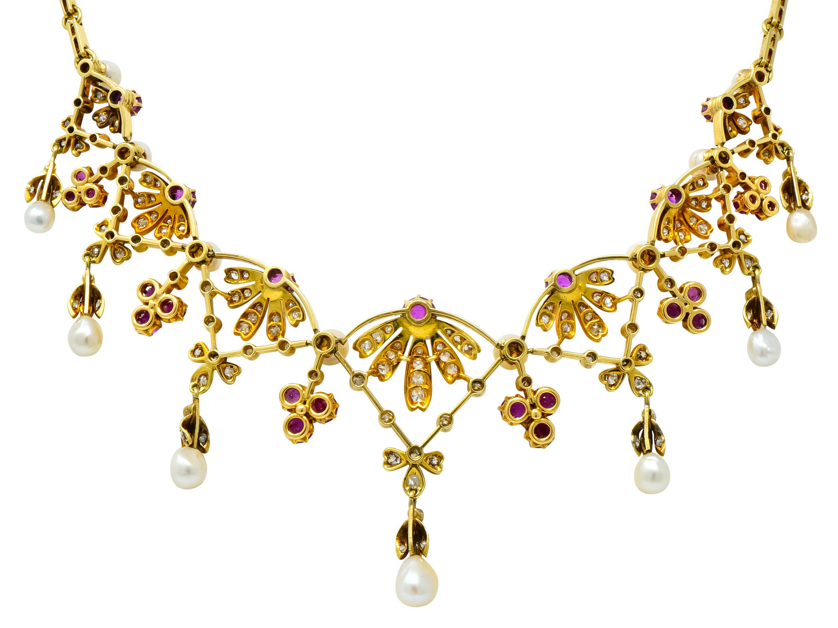 Women's or Men's Victorian 7.95 Carat Diamond Ruby Pearl 18 Karat Gold Fringe Necklace