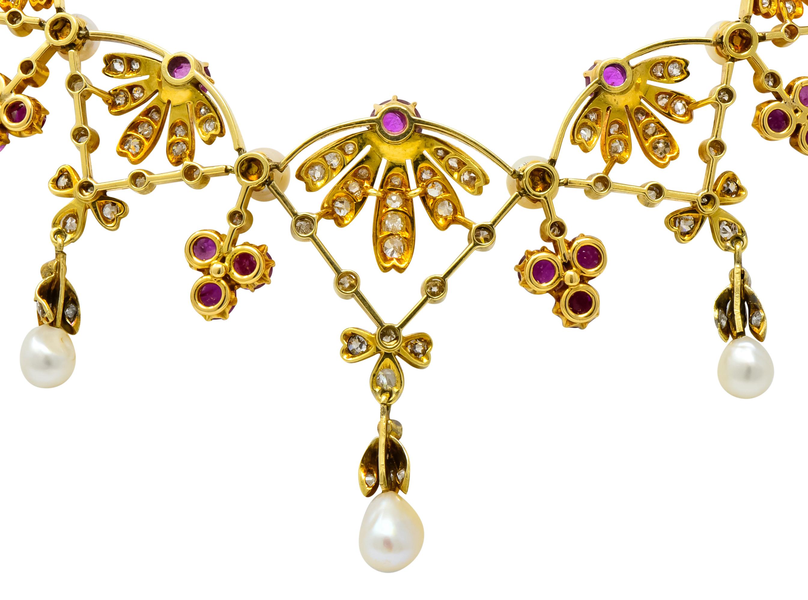 Victorian 7.95 Carat Diamond Ruby Pearl 18 Karat Gold Fringe Necklace 4