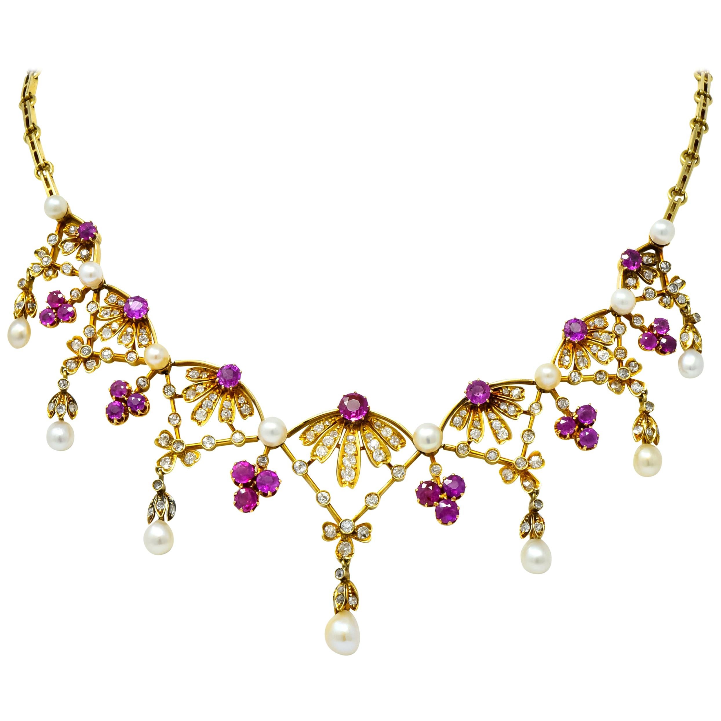Victorian 7.95 Carat Diamond Ruby Pearl 18 Karat Gold Fringe Necklace