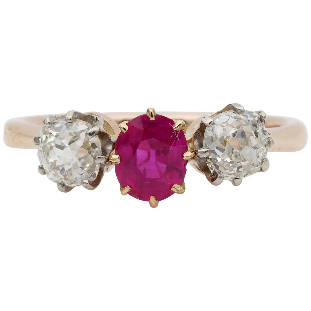 Victorian .80 Carat Burmese Ruby 1.20 Carat Old Mine Diamond Trilogy Ring For Sale