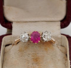 Victorian .80 Carat Burmese Ruby 1.20 Carat Old Mine Diamond Trilogy Ring