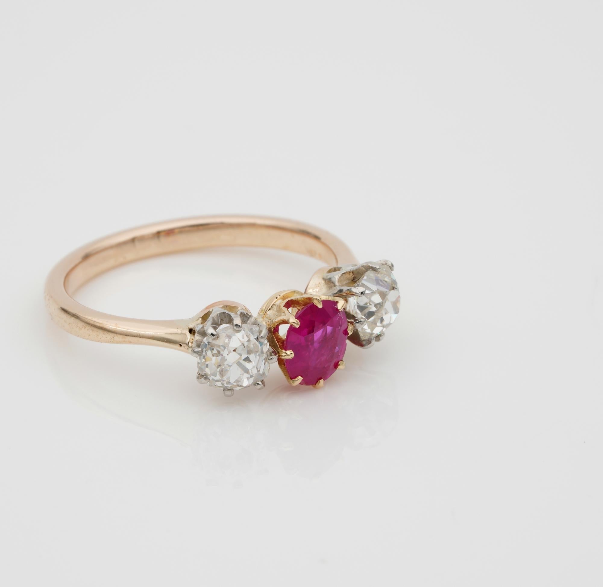 Old Mine Cut Victorian .80 Carat Burmese Ruby 1.20 Carat Old Mine Diamond Trilogy Ring For Sale