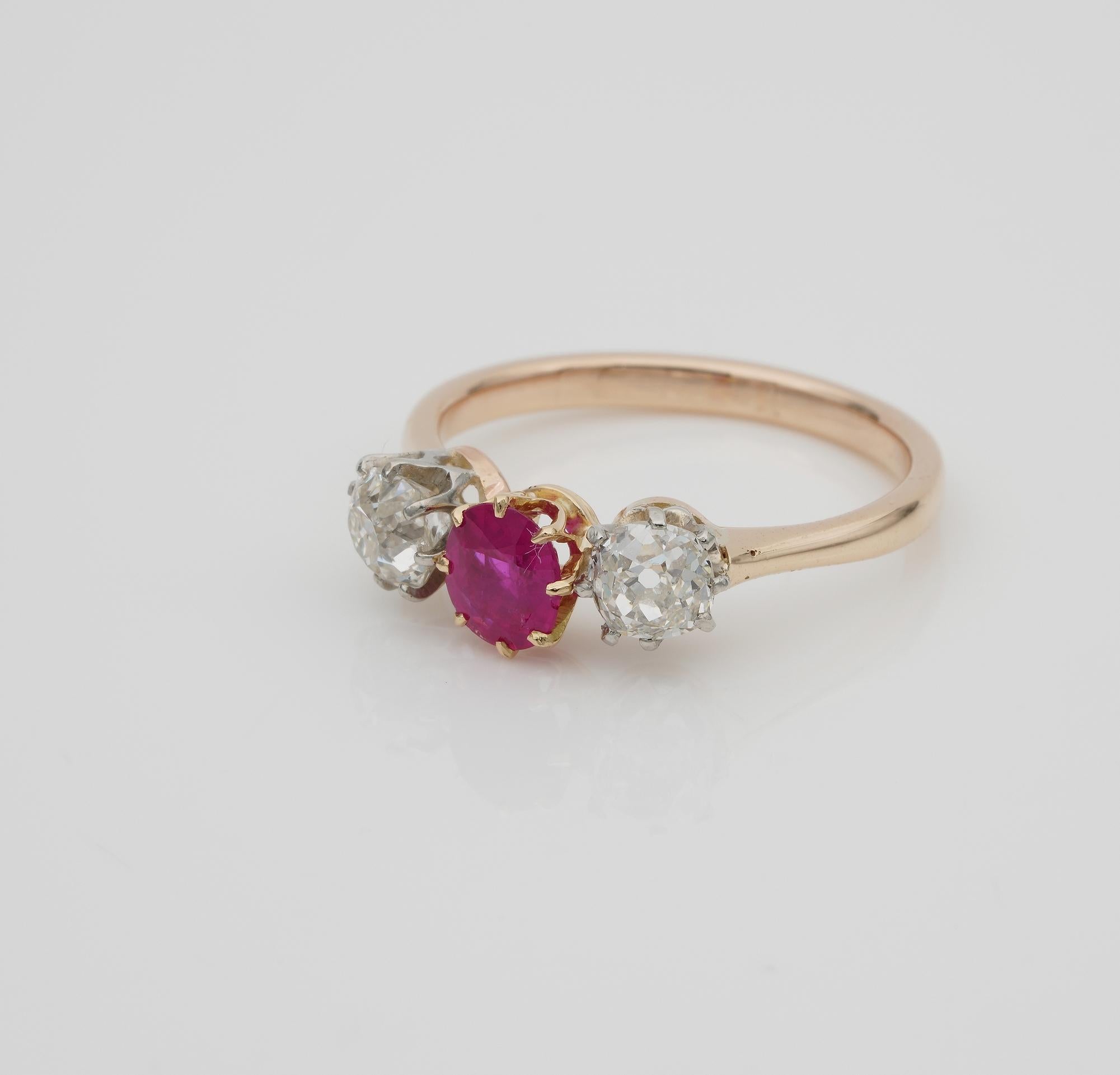 Women's Victorian .80 Carat Burmese Ruby 1.20 Carat Old Mine Diamond Trilogy Ring For Sale