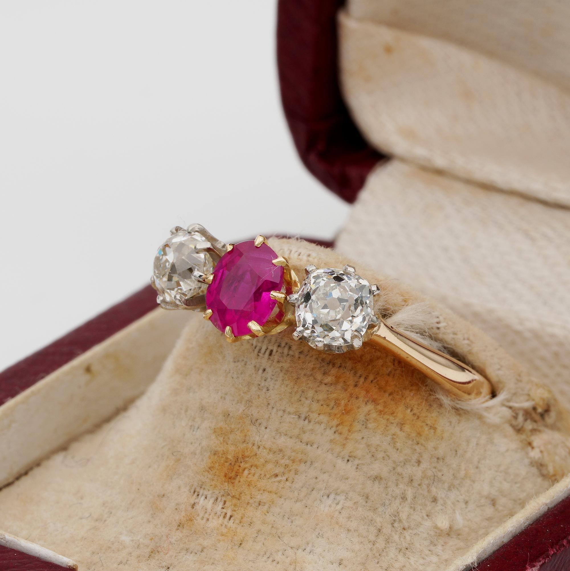 Victorian .80 Carat Burmese Ruby 1.20 Carat Old Mine Diamond Trilogy Ring For Sale 1
