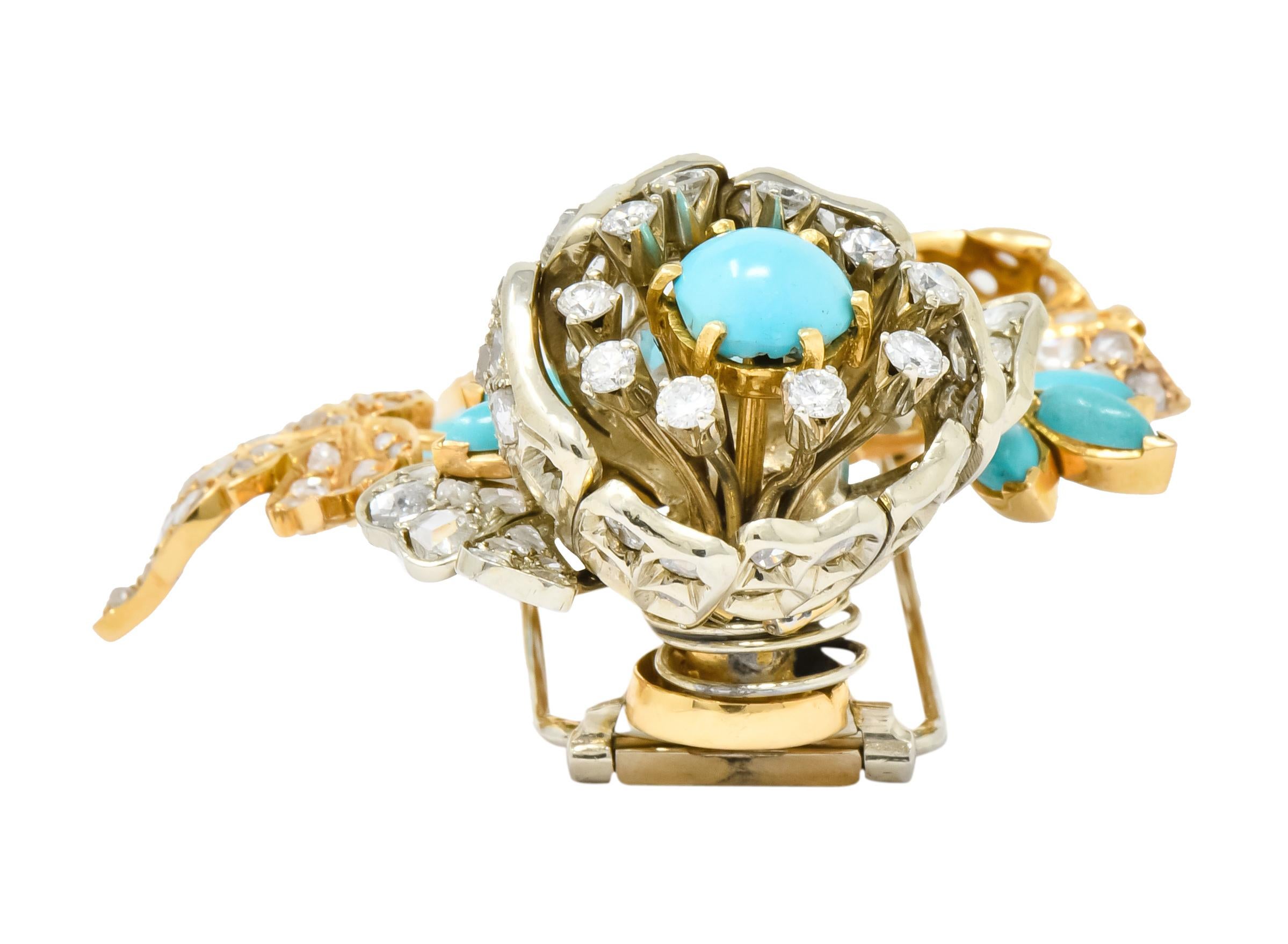 8.00 Carat Diamond Turquoise 18 Karat Gold Floral Tremblant Brooch 5