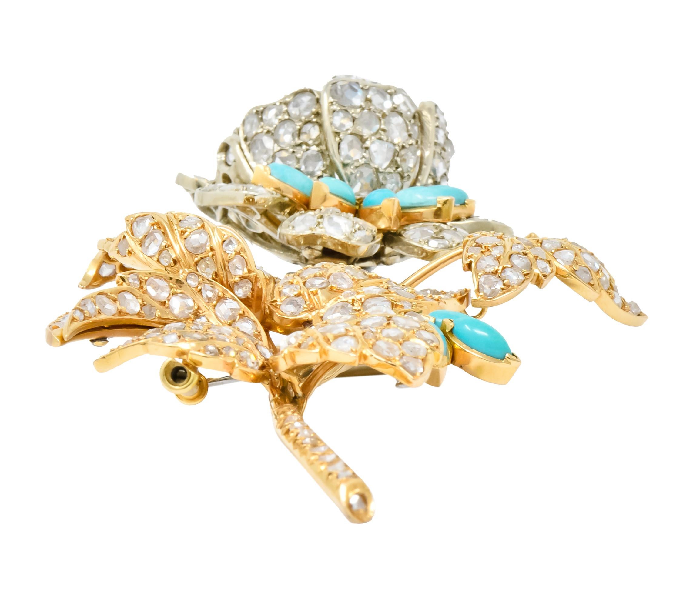 8.00 Carat Diamond Turquoise 18 Karat Gold Floral Tremblant Brooch 6