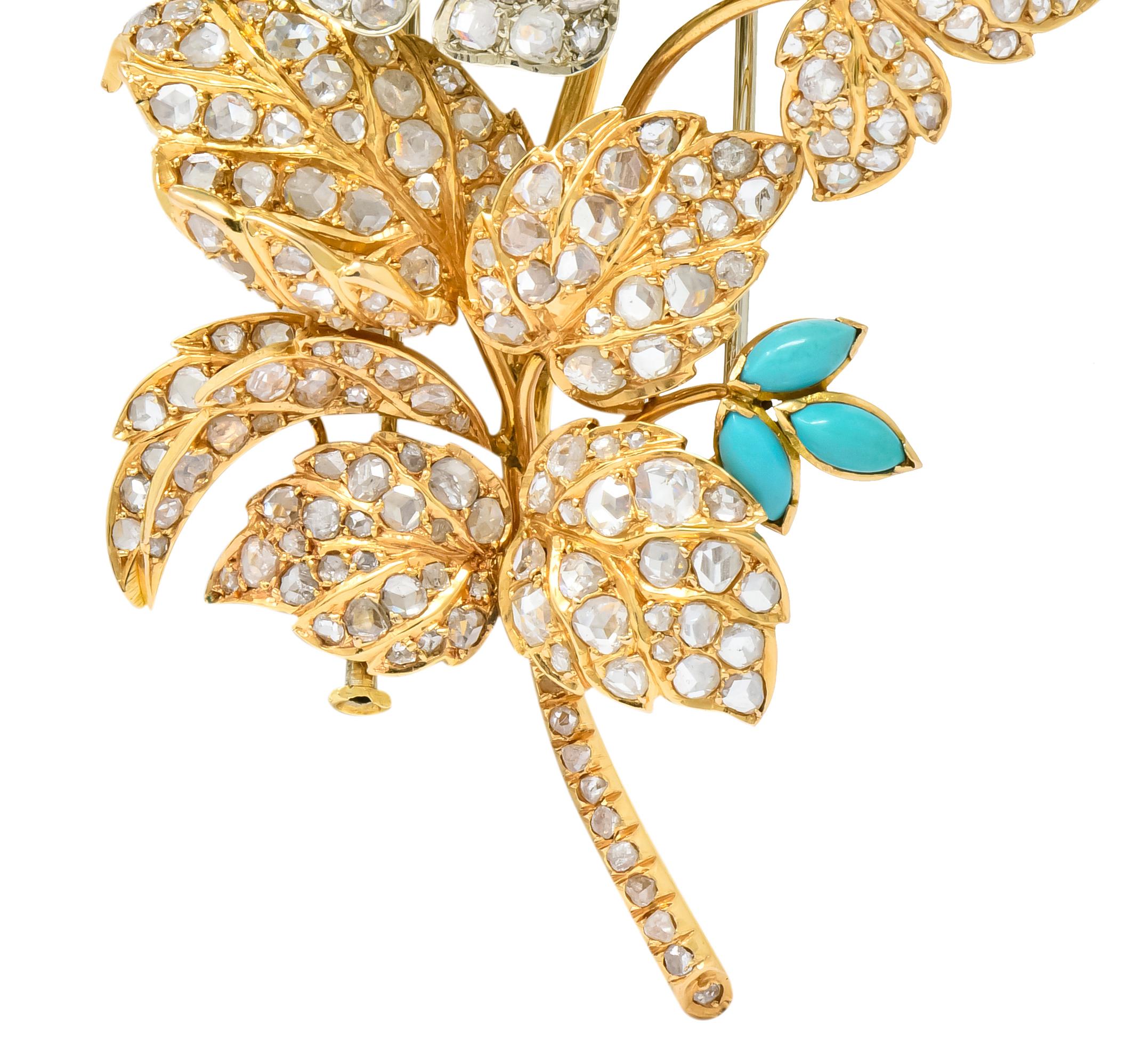 Victorian 8.00 Carat Diamond Turquoise 18 Karat Gold Floral Tremblant Brooch