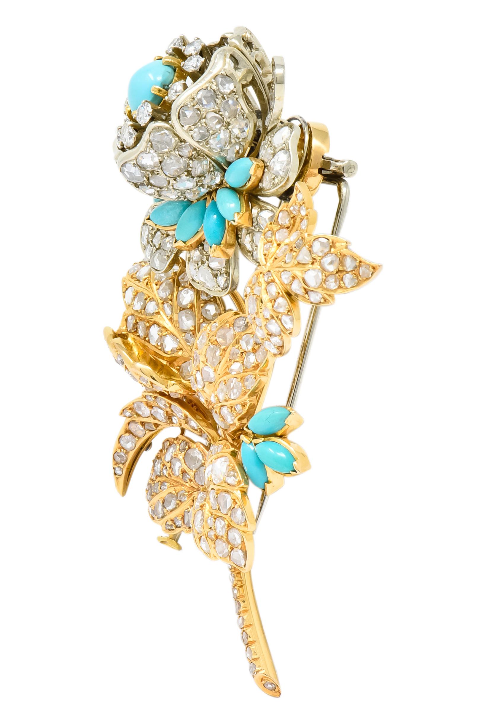 8.00 Carat Diamond Turquoise 18 Karat Gold Floral Tremblant Brooch In Excellent Condition In Philadelphia, PA