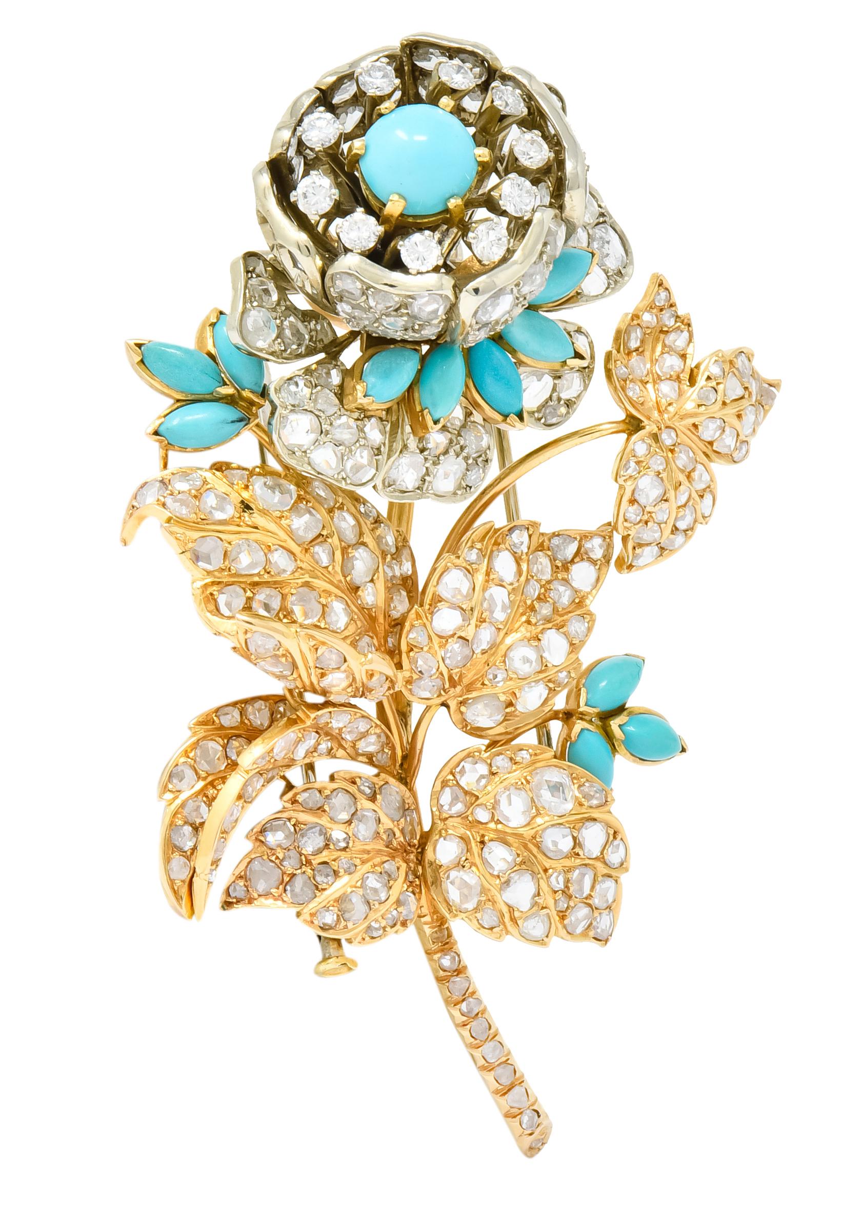 Women's or Men's 8.00 Carat Diamond Turquoise 18 Karat Gold Floral Tremblant Brooch