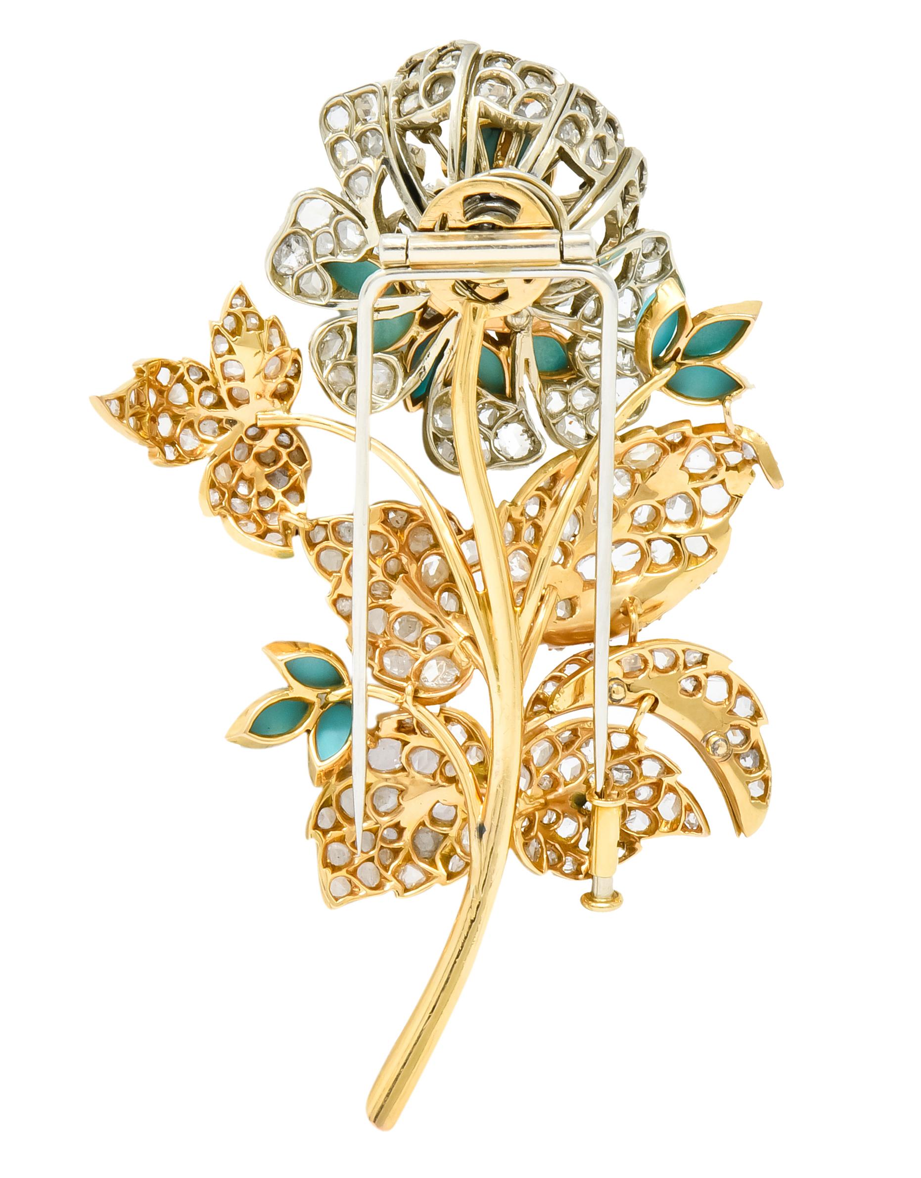 8.00 Carat Diamond Turquoise 18 Karat Gold Floral Tremblant Brooch 1