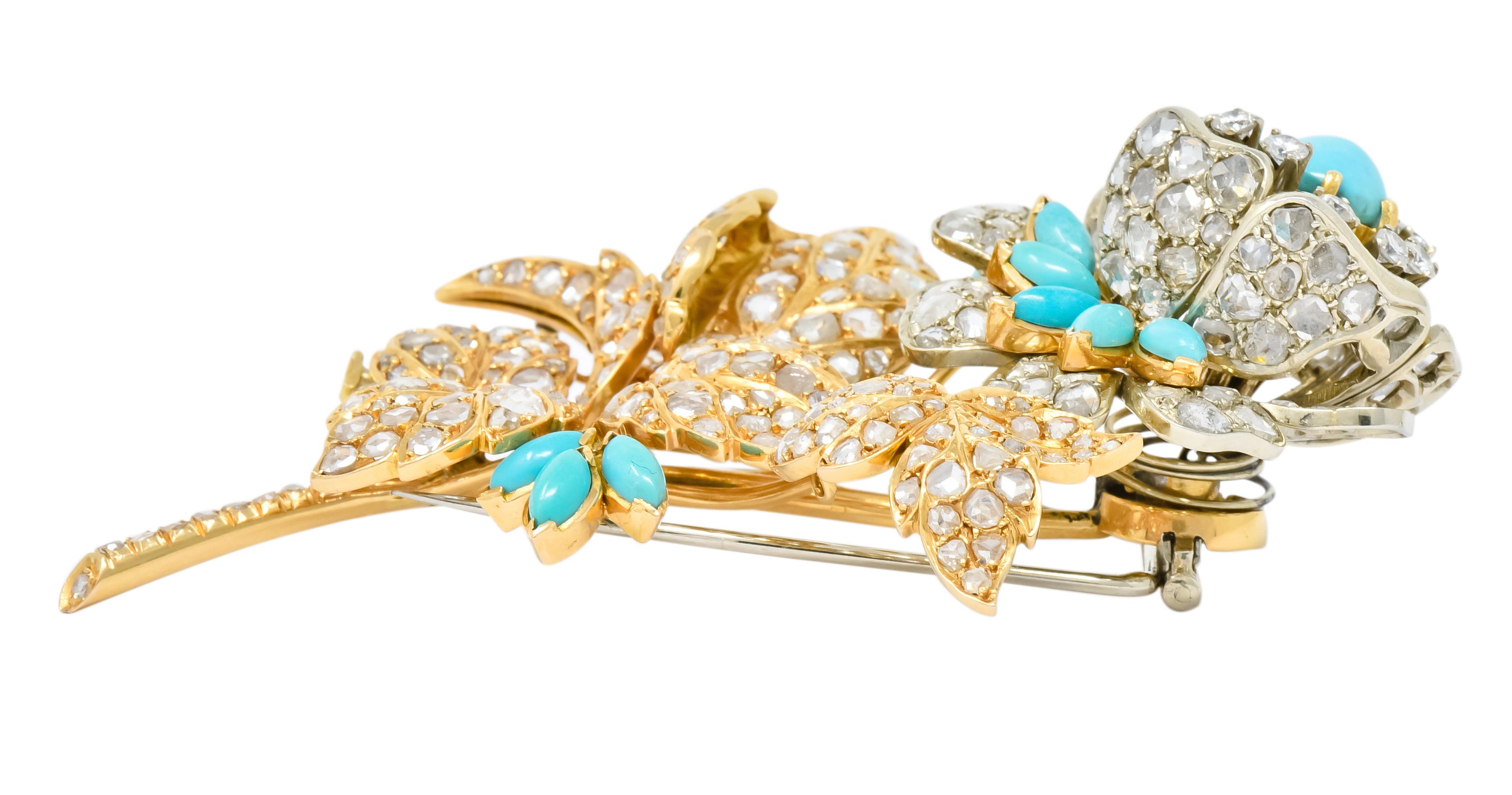 8.00 Carat Diamond Turquoise 18 Karat Gold Floral Tremblant Brooch 2