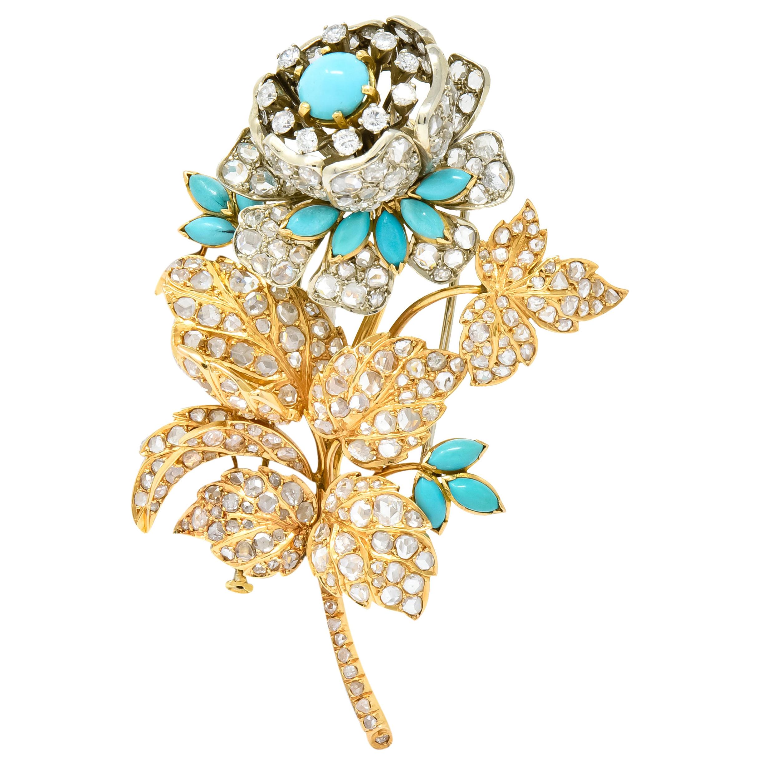 8.00 Carat Diamond Turquoise 18 Karat Gold Floral Tremblant Brooch