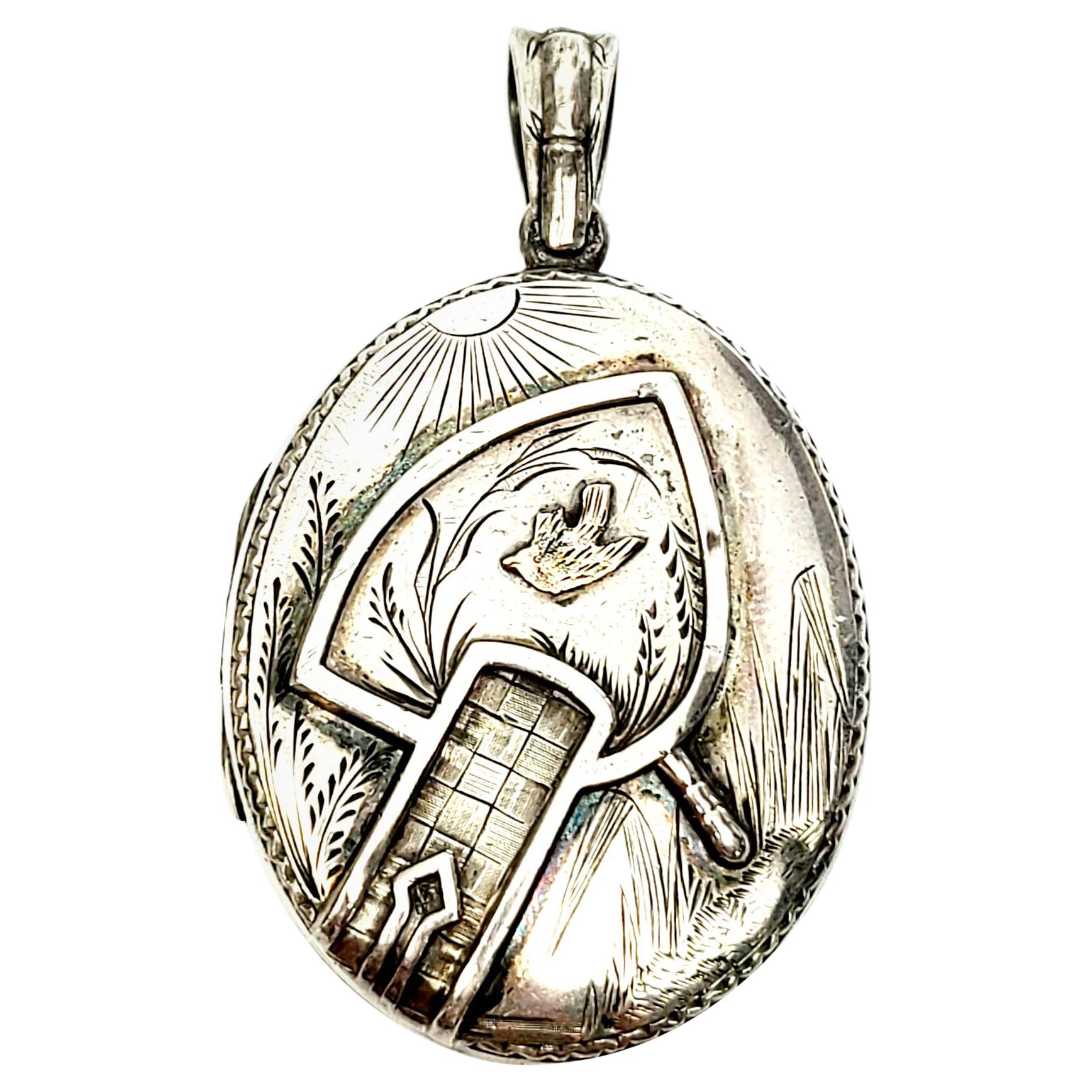 Victorian 800 Silver Aesthetic Movement Bird Locket For Sale