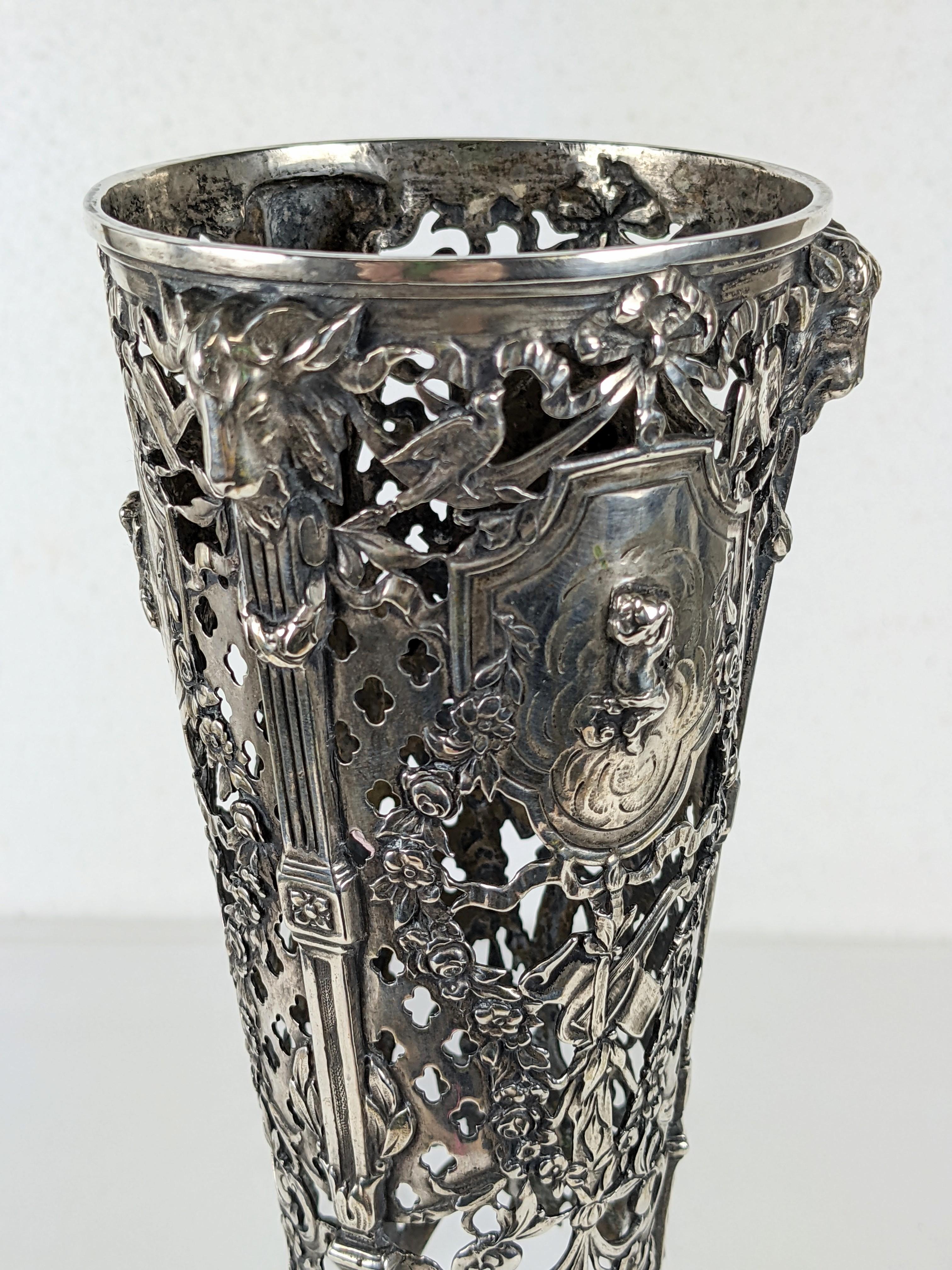 German Victorian 800 Silver Ornate Vase Holder For Sale