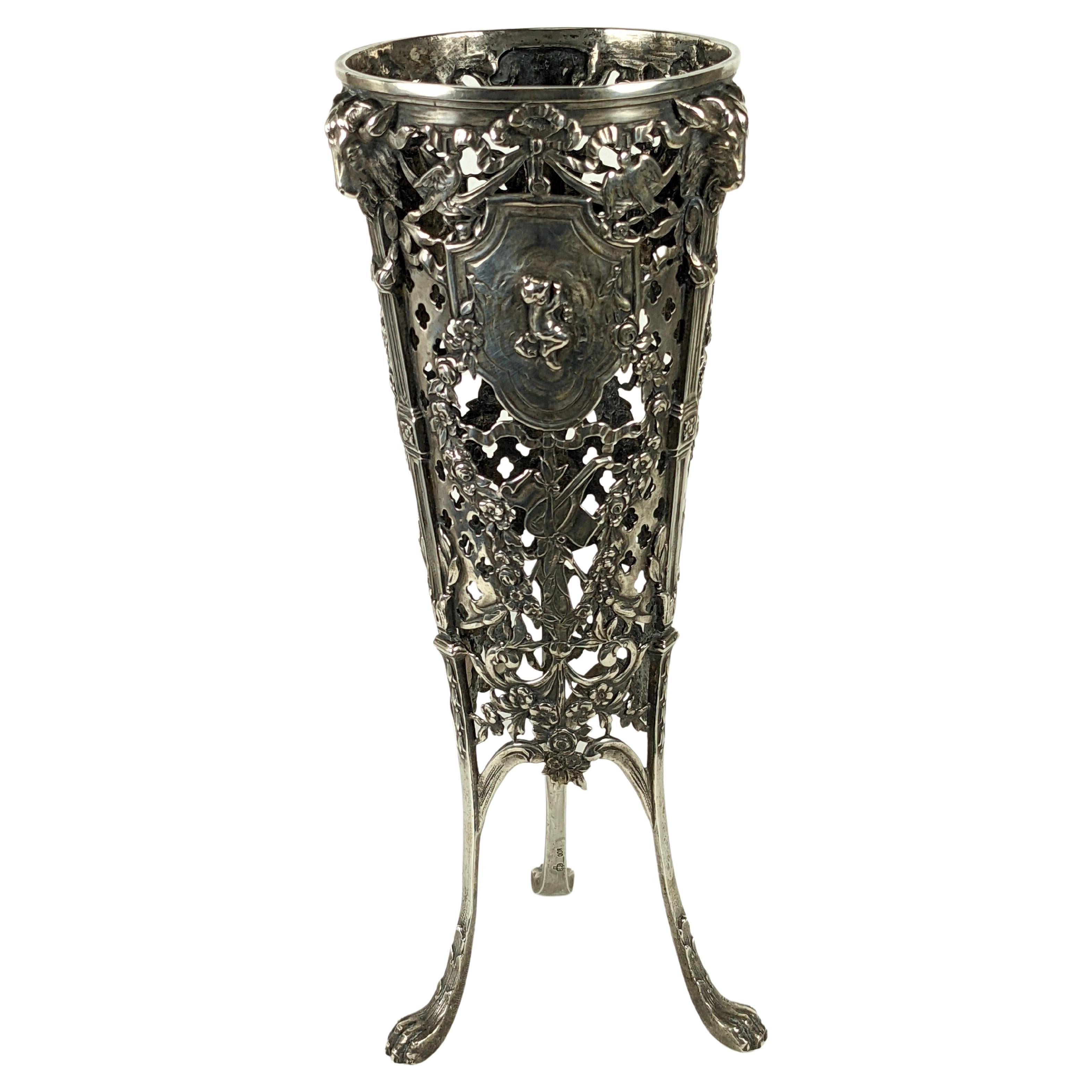 Victorian 800 Silver Ornate Vase Holder For Sale