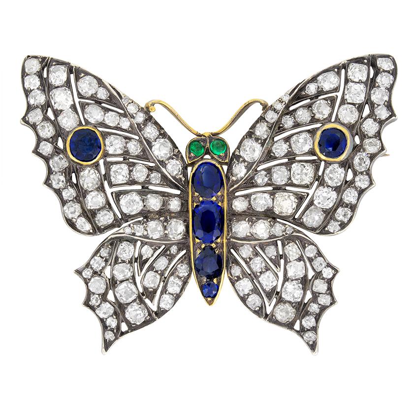 Viktorianische Schmetterlingsbrosche mit 8,00 Karat Diamanten, Saphiren und Smaragden, um 1880 für Damen oder Herren im Angebot