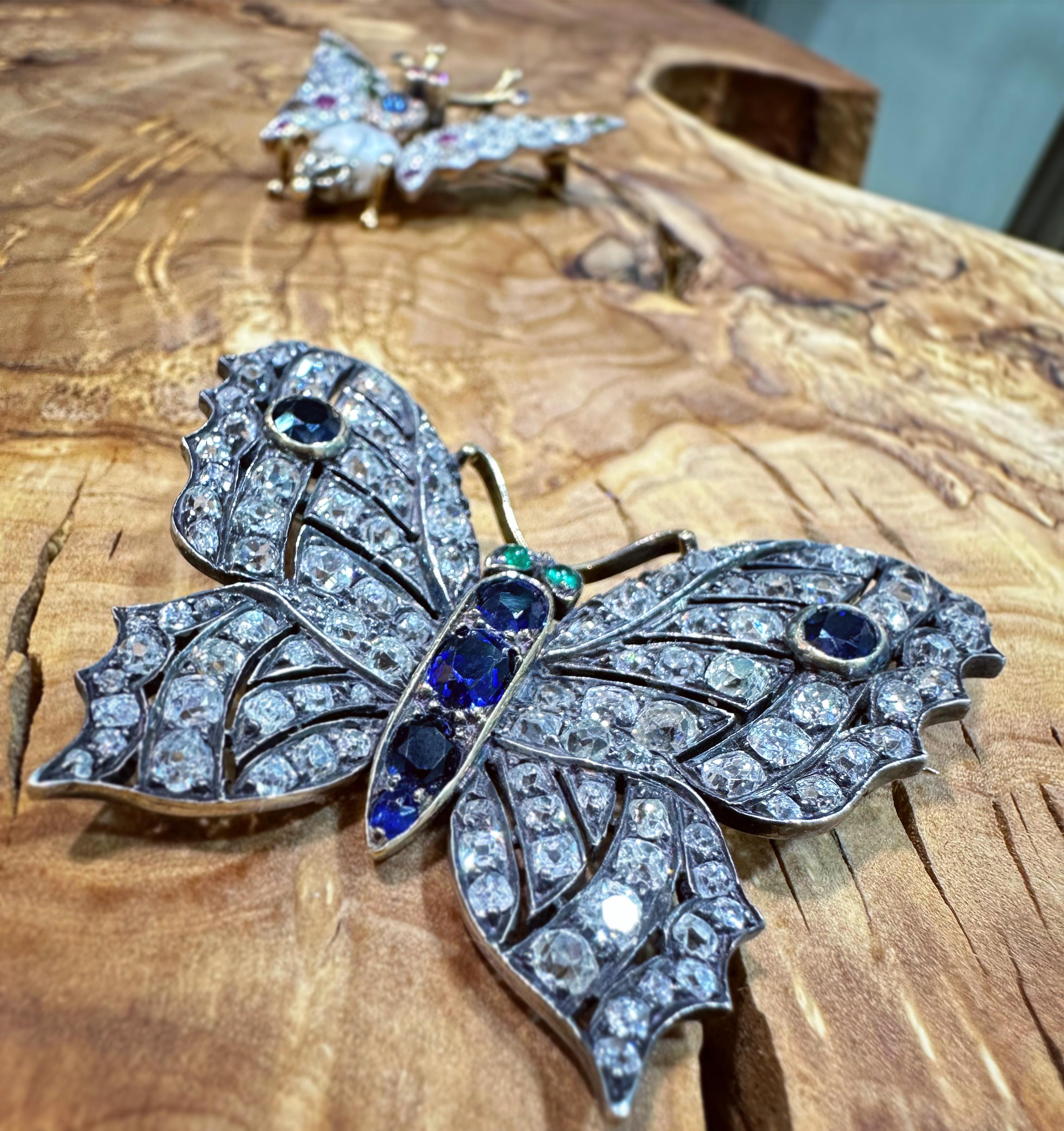 Women's or Men's Victorian 8.00ct Diamond, Sapphire and Emerald Butterfly Brooch, c.1880s For Sale