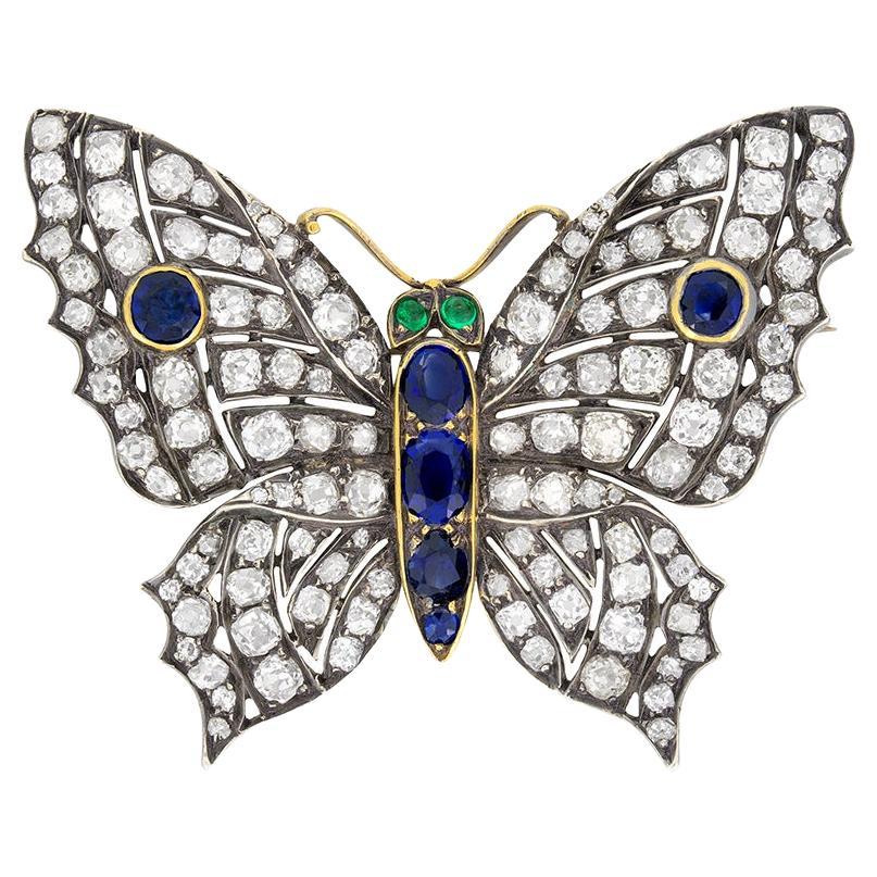 Victorian 8.00ct Diamond, Sapphire and Emerald Butterfly Brooch, c.1880s