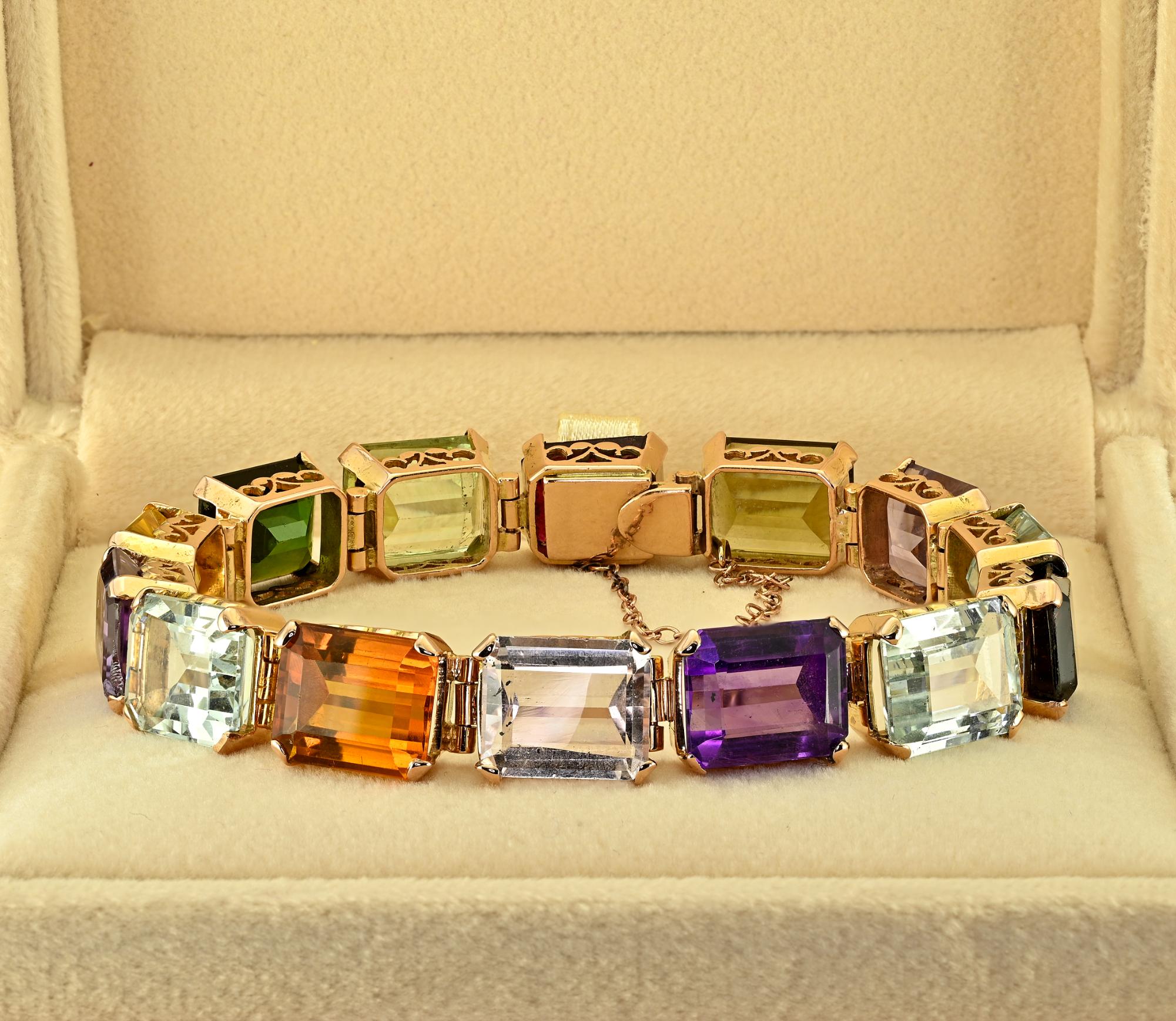 This outstanding and quite impressive Victorian bracelet is 1890 ca
Glorious workmanship of the era entirely hand made of solid 18 Kt rose gold
Comprising a selection of natural untreated earth mined colored gemstones each set in a dedicated pierced