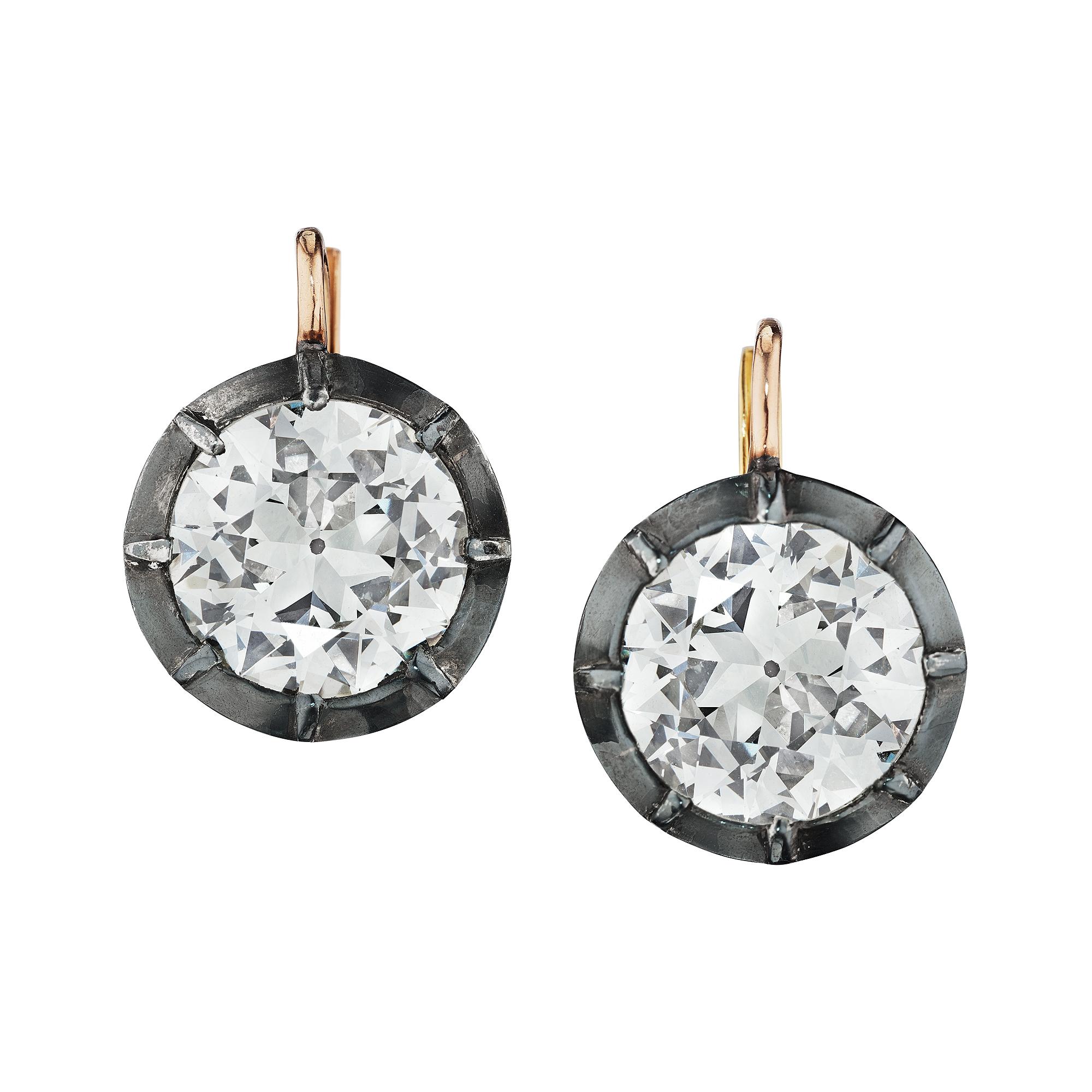 viktorianische 8,11 Karat Diamant-Tropfen-Ohrringe aus Gold und Silber mit alteuropäischem Schliff (Alteuropäischer Schliff)
