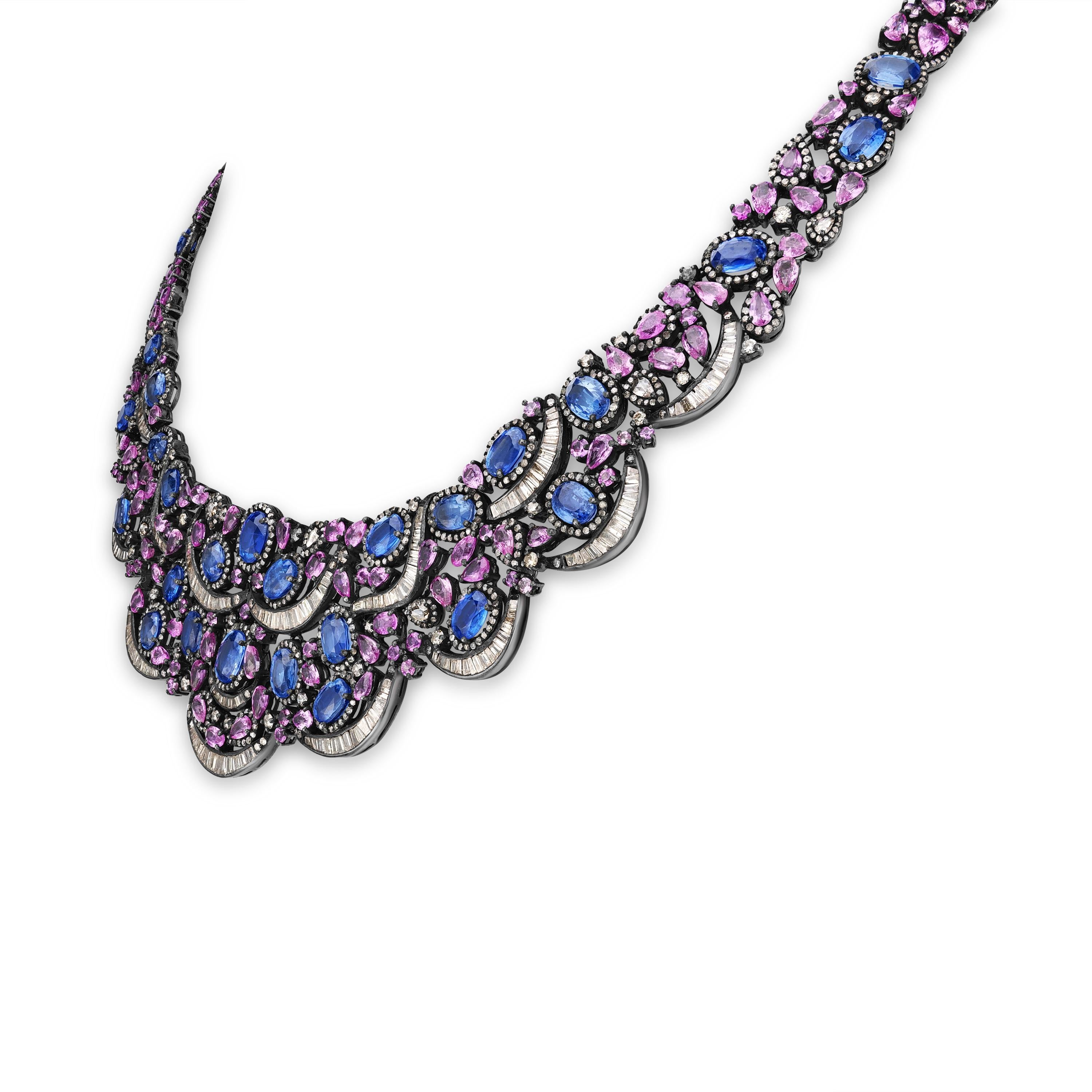 Pear Cut Victorian 82 Cttw. Kyanite, Pink Sapphire and Diamond Choker Necklace in 18K/925 For Sale