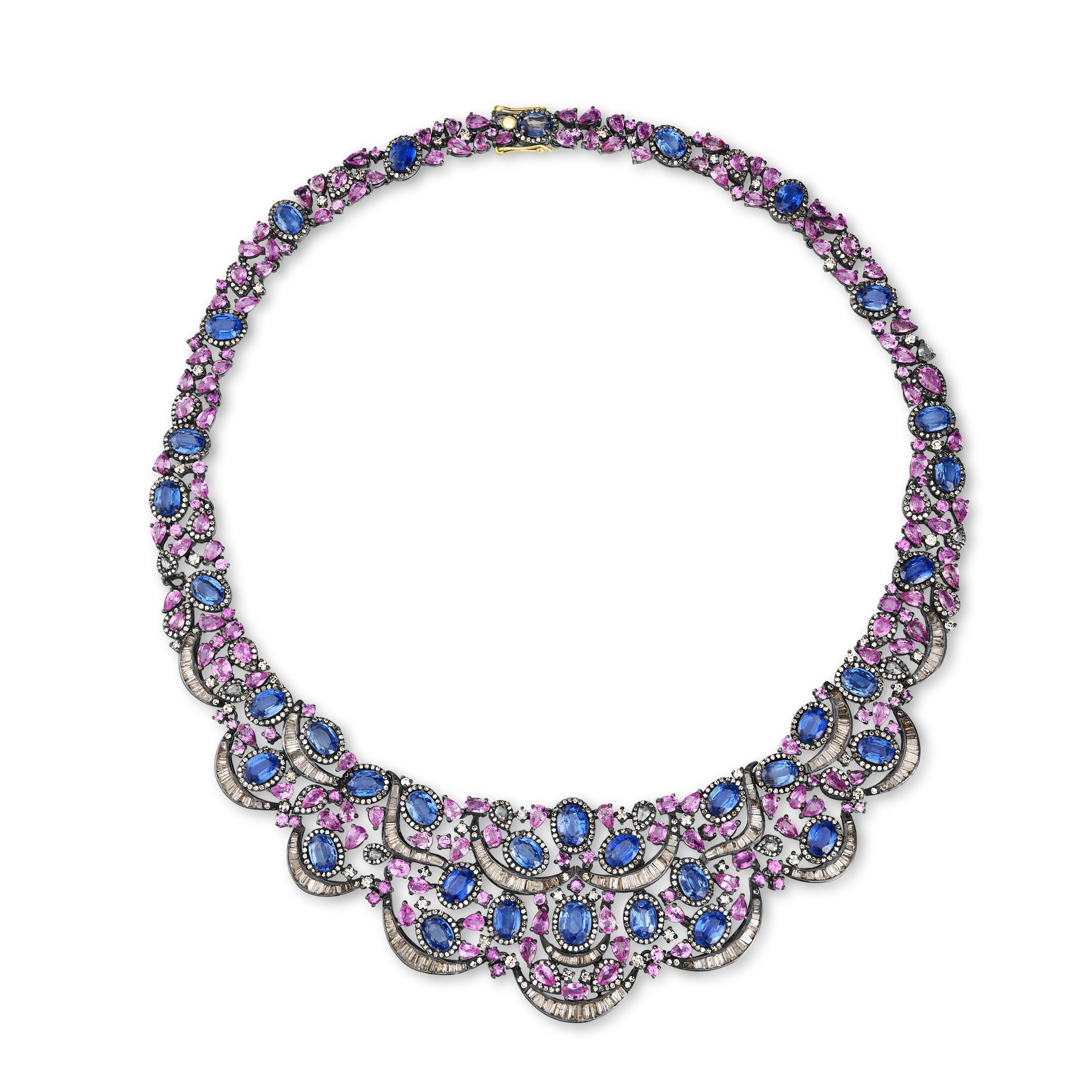 Victorian 82 Cttw. Kyanite, Pink Sapphire and Diamond Choker Necklace in 18K/925 In New Condition For Sale In New York, NY
