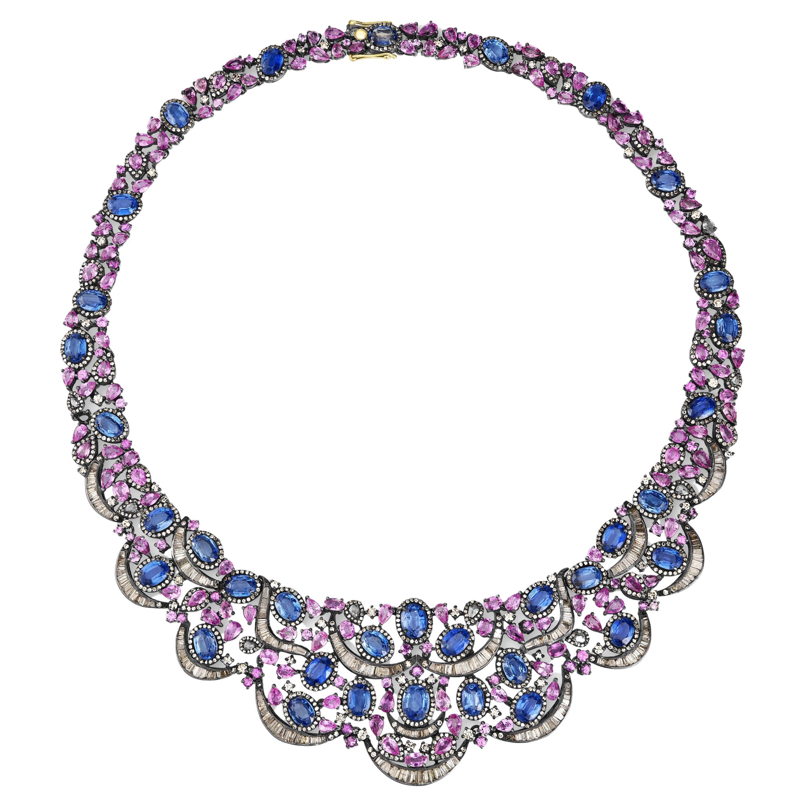 Victorian 82 Cttw. Kyanite, Pink Sapphire and Diamond Choker Necklace in 18K/925 For Sale