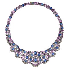 Viktorianisch 82 Cttw. Choker-Halskette aus Kyanit, rosa Saphir und Diamant in 18K/925