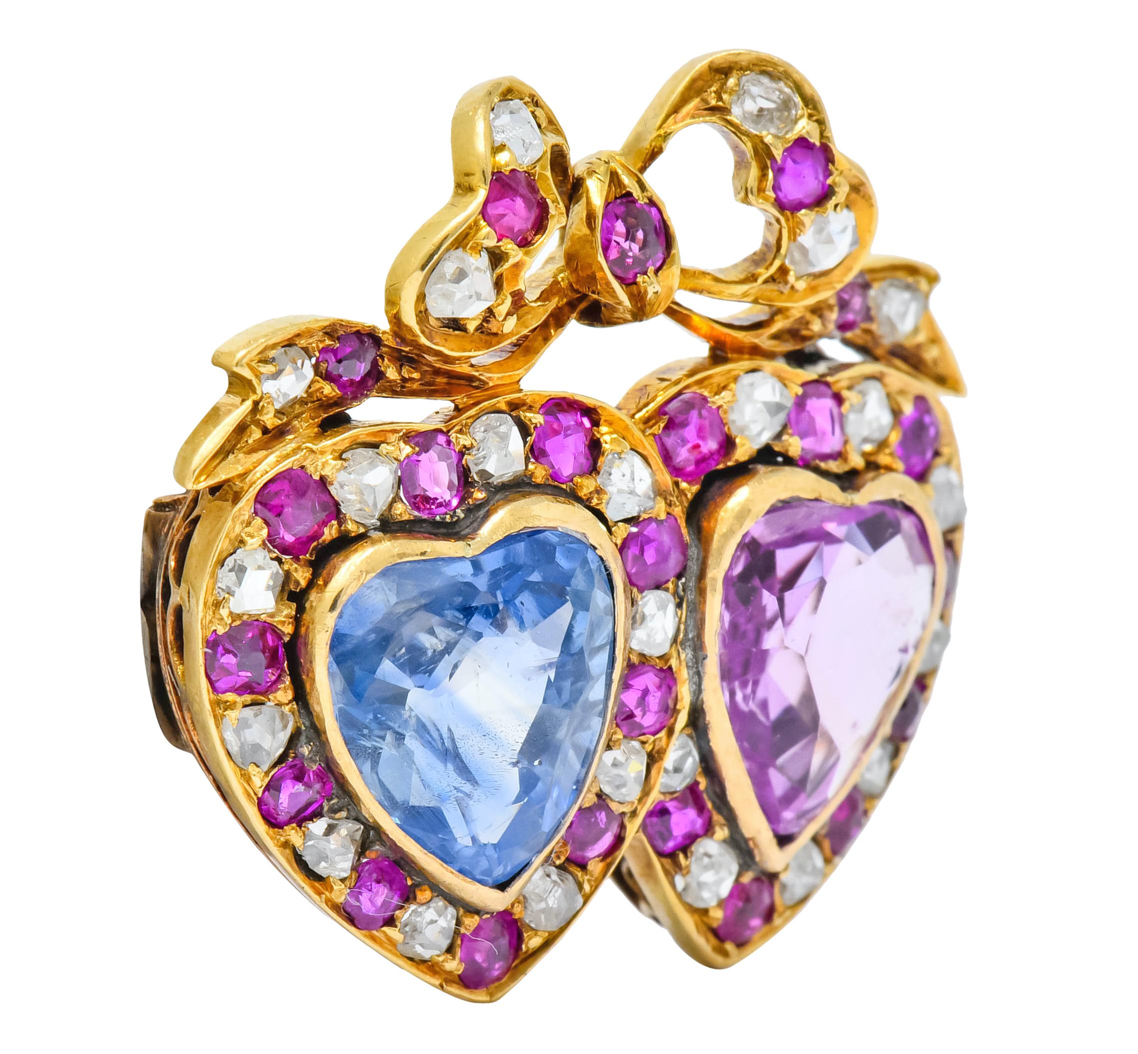 Round Cut Victorian 8.30 Carat Sapphire Ruby Diamond Two-Tone Gold Double Heart Brooch