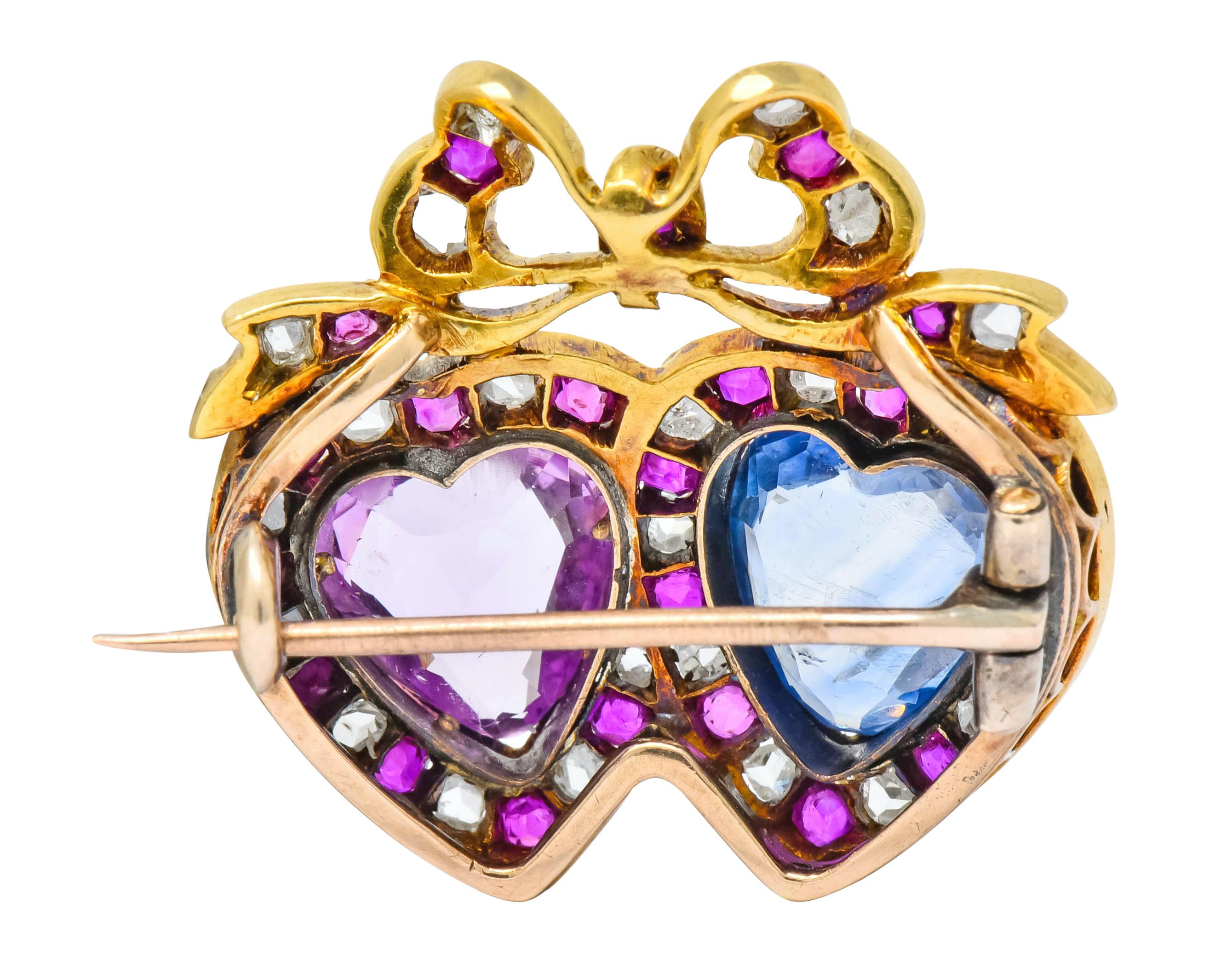 Victorian 8.30 Carat Sapphire Ruby Diamond Two-Tone Gold Double Heart Brooch In Excellent Condition In Philadelphia, PA