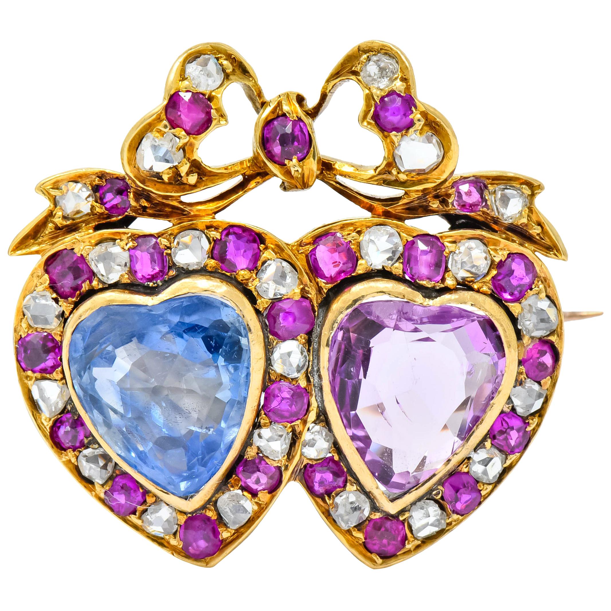 Victorian 8.30 Carat Sapphire Ruby Diamond Two-Tone Gold Double Heart Brooch