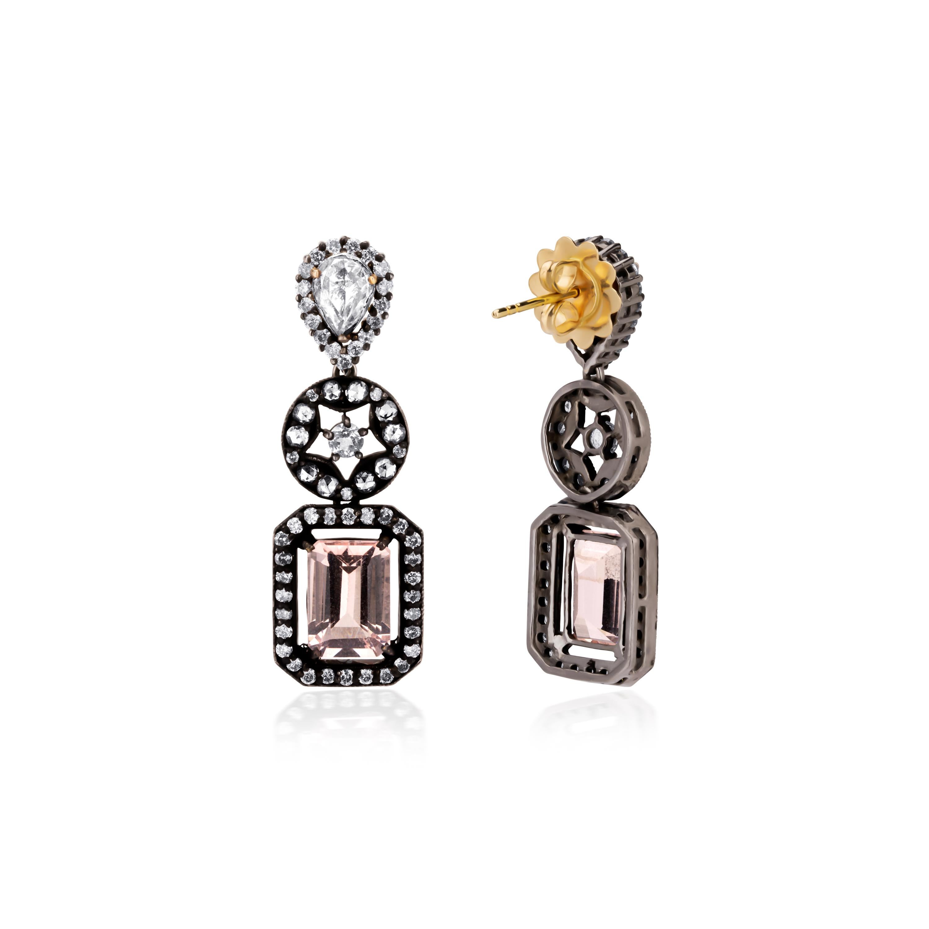 Victorian 8.35ct T.W Morganite, Topaz, White Sapphire Diamond Dangle Earrings In New Condition For Sale In New York, NY