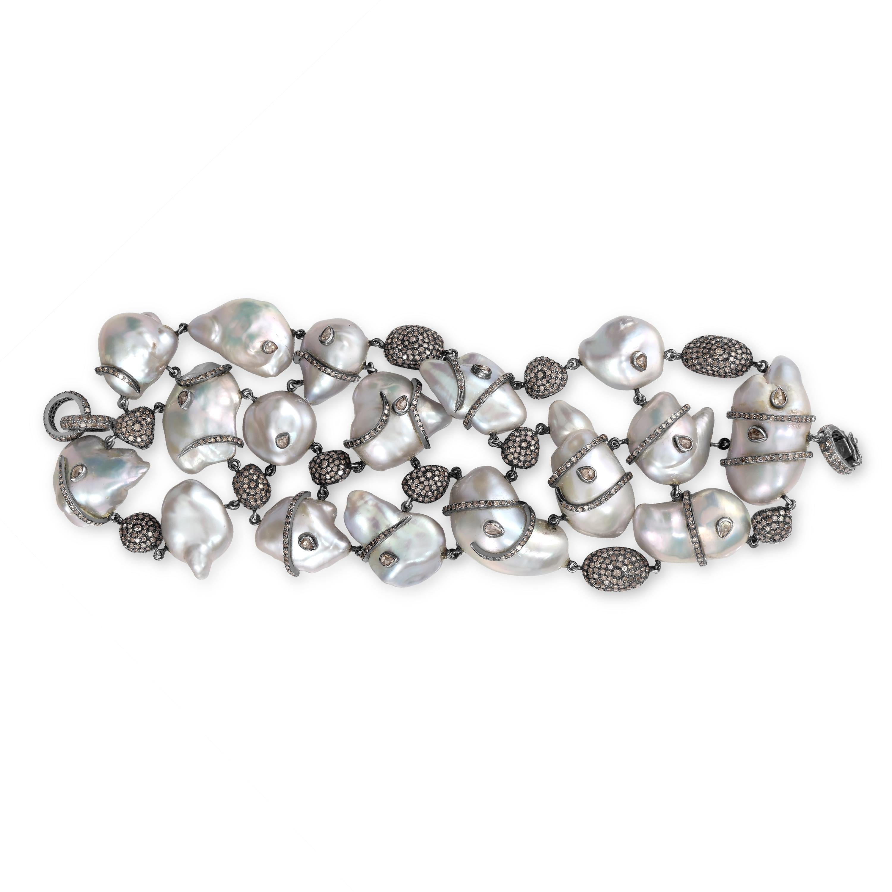 Round Cut Victorian 84.02 Gms. Pearl and 10 Ctts. Diamond Beaded Bracelet  For Sale